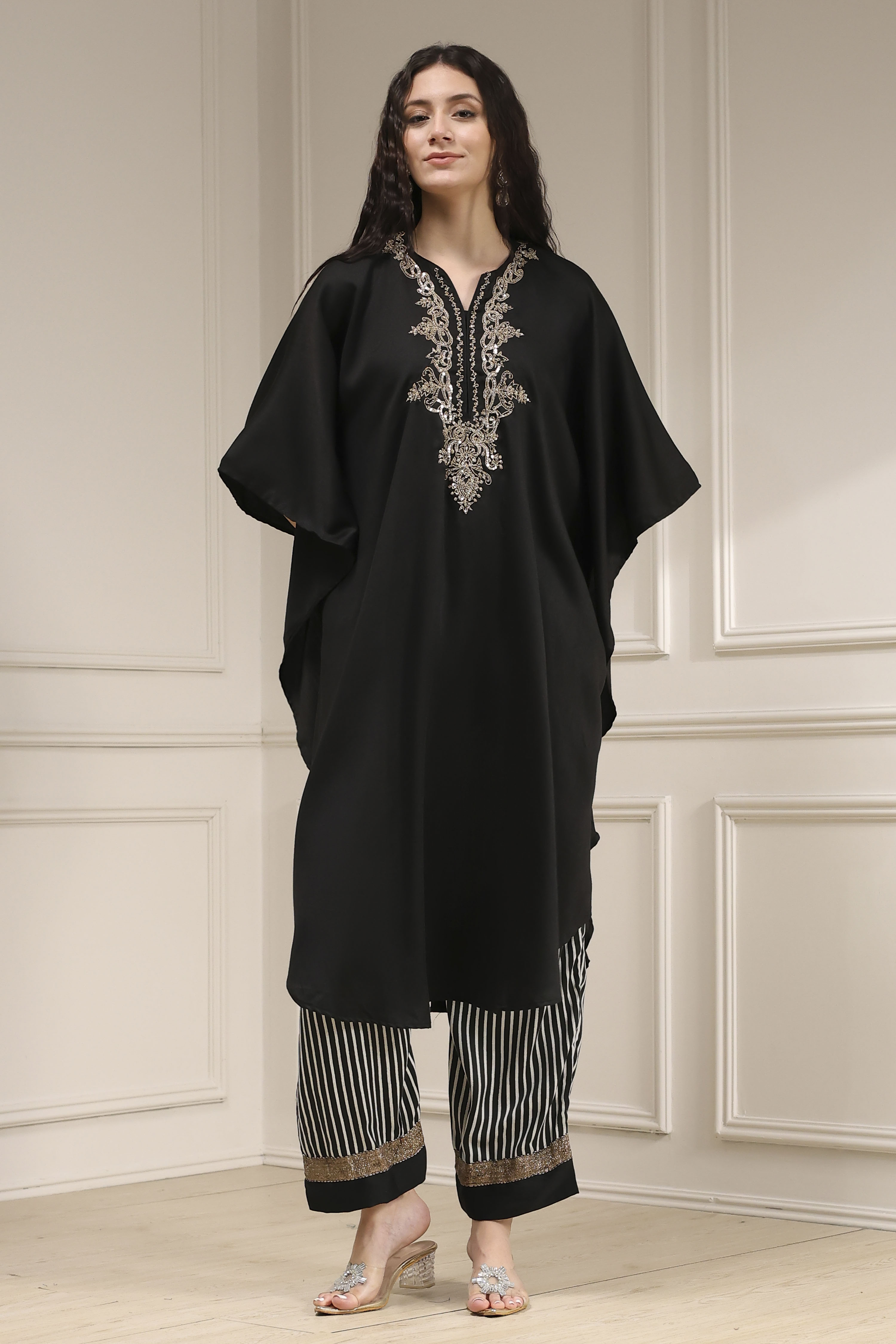 Black Modal Solid Kaftan Fusion Kurta Set image number 6