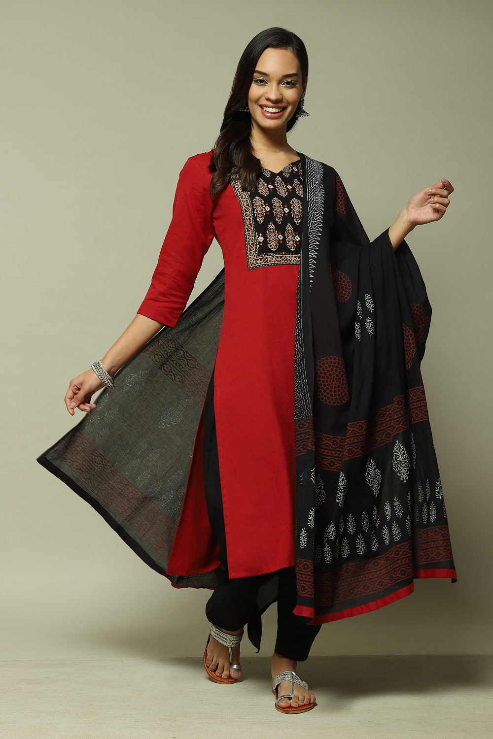 Red Flex Machine Embroidered Unstitched Suit Set image number 0
