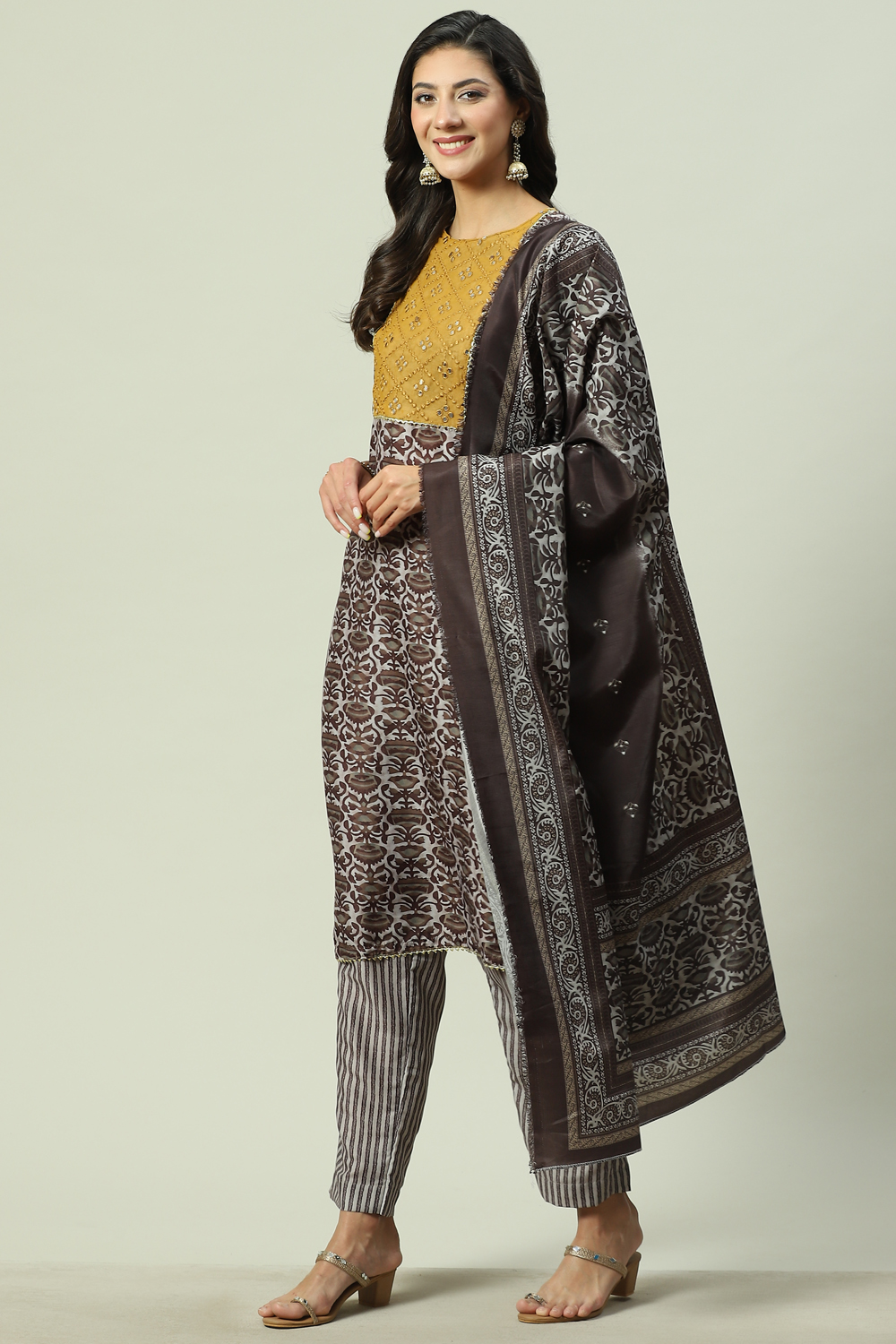 Brown Muslin Unstitched Suit Set image number 5