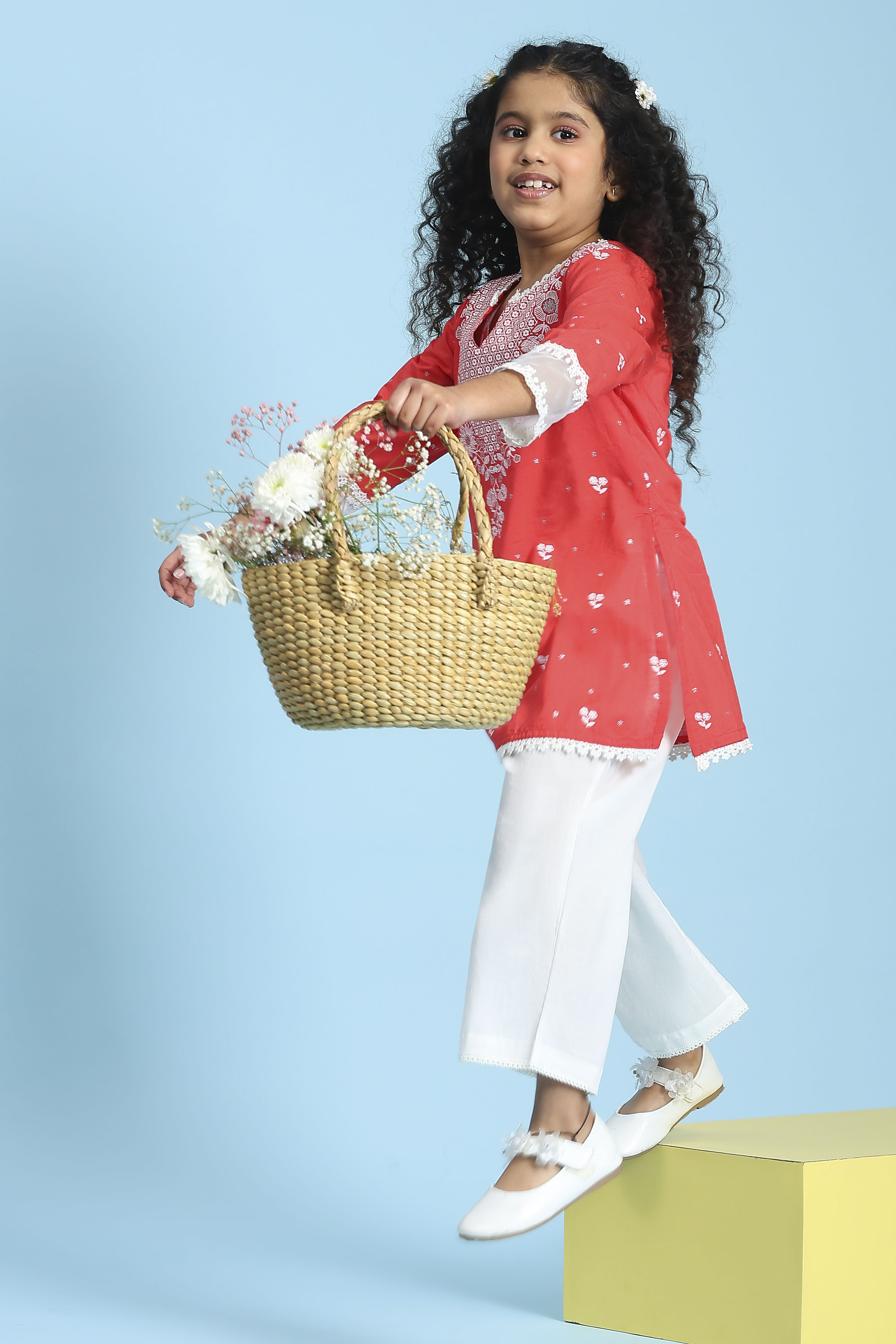 Yellow and White Cotton Printed Straight Kurta Set image number 6