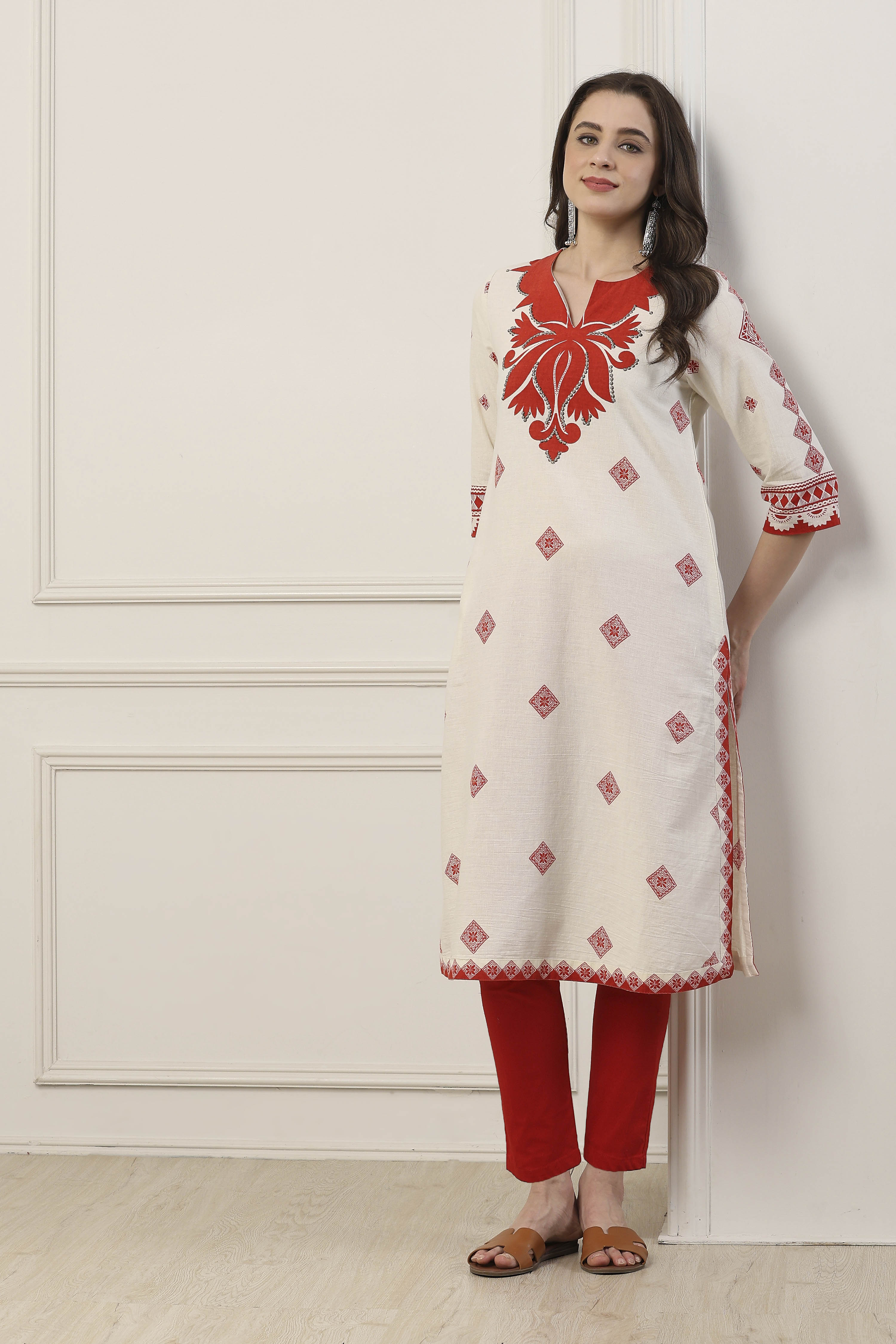 Orange Cotton Straight Kurta image number 4