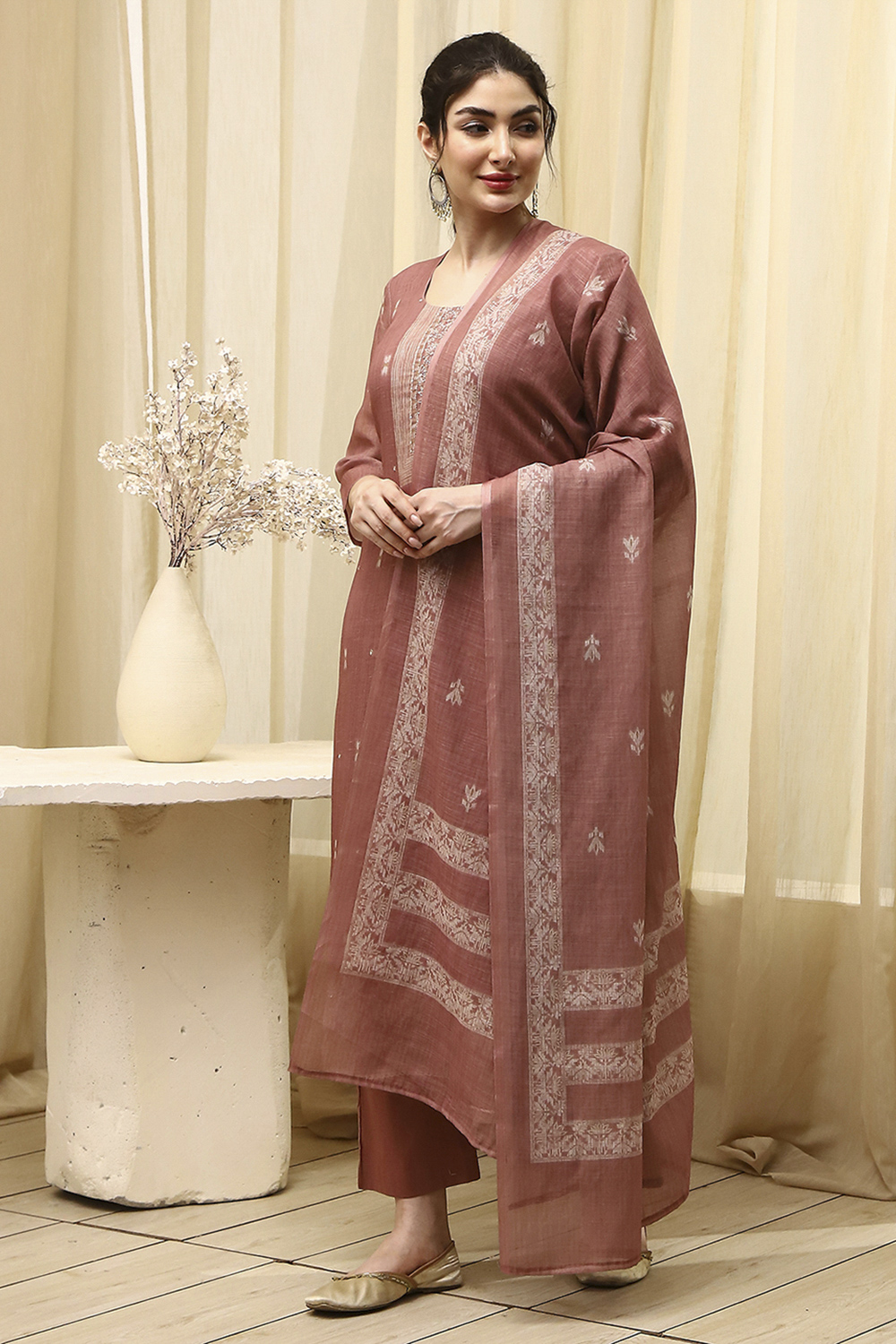 Coral Cotton Printed Embroidered Unstitched Suit Set image number 4