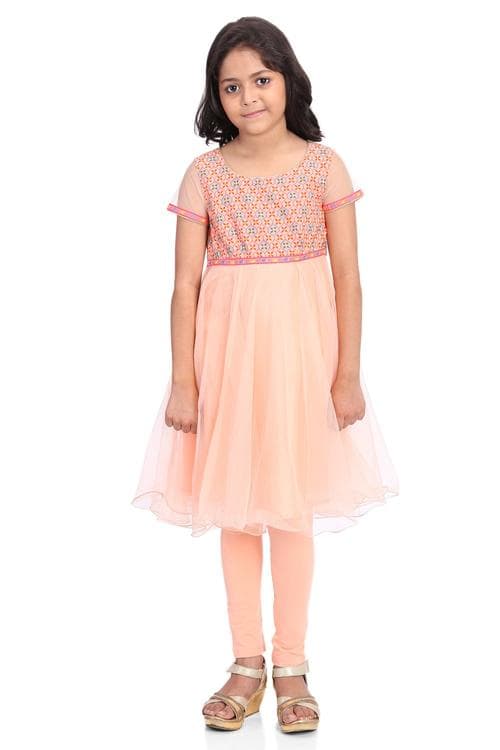Peach Cotton Anarkali Kurta Churidar Suit Set image number 3
