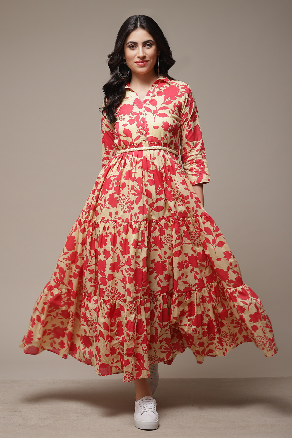 Beige Cotton Tiered Printed Dress image number 0