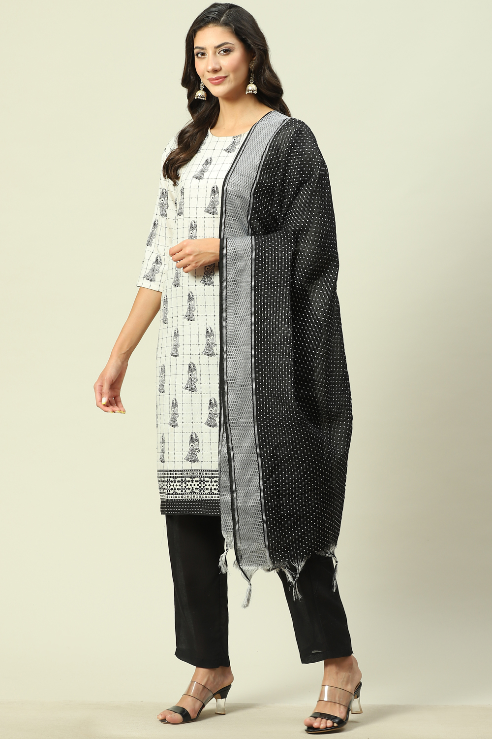 White Cotton Machine Embroidered Unstitched Suit Set image number 5