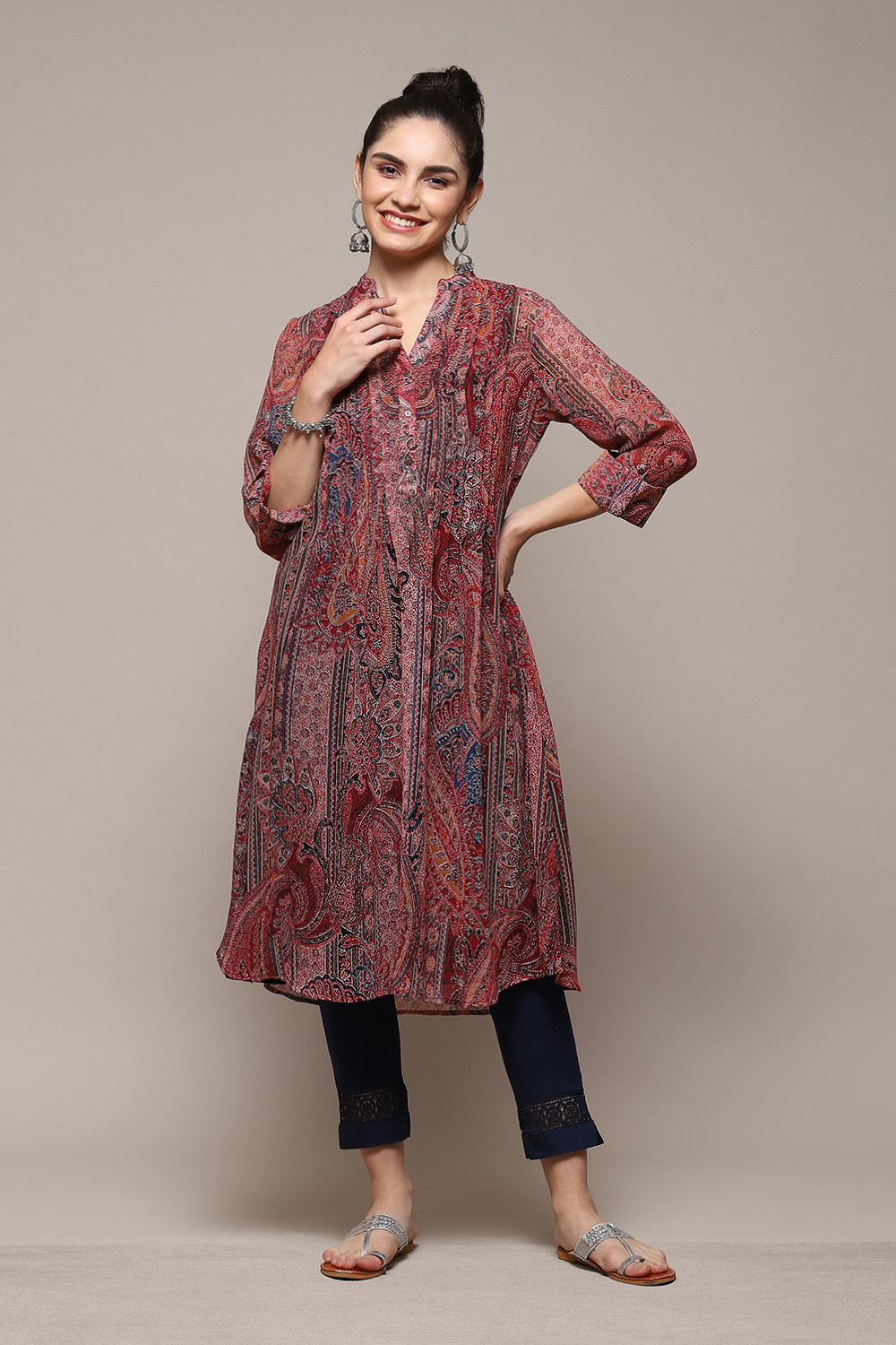 Peach & Blue Polyester Straight Printed Kurta image number 6