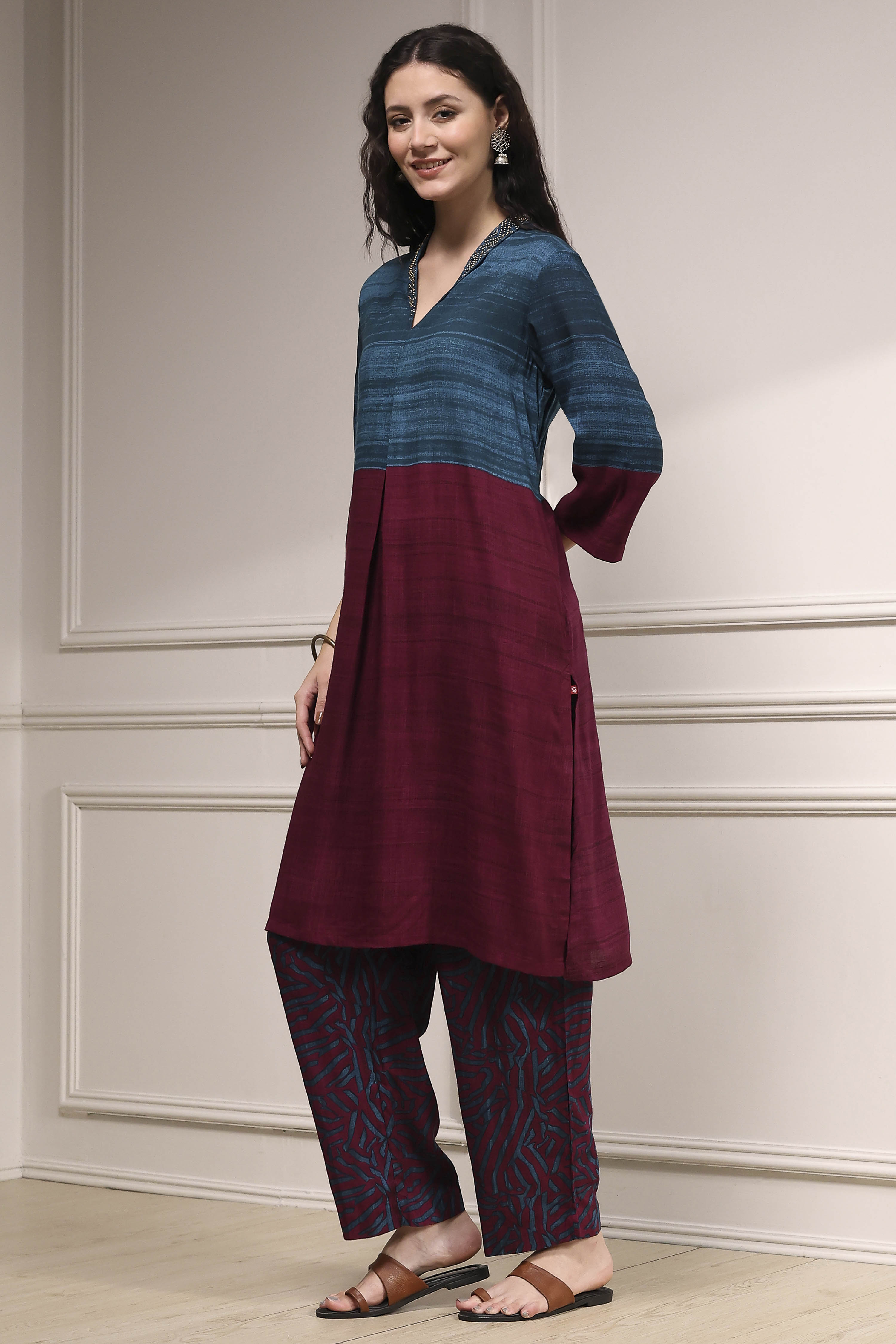 Teal Viscose Rayon Straight Printed Kurta Pants Set image number 3