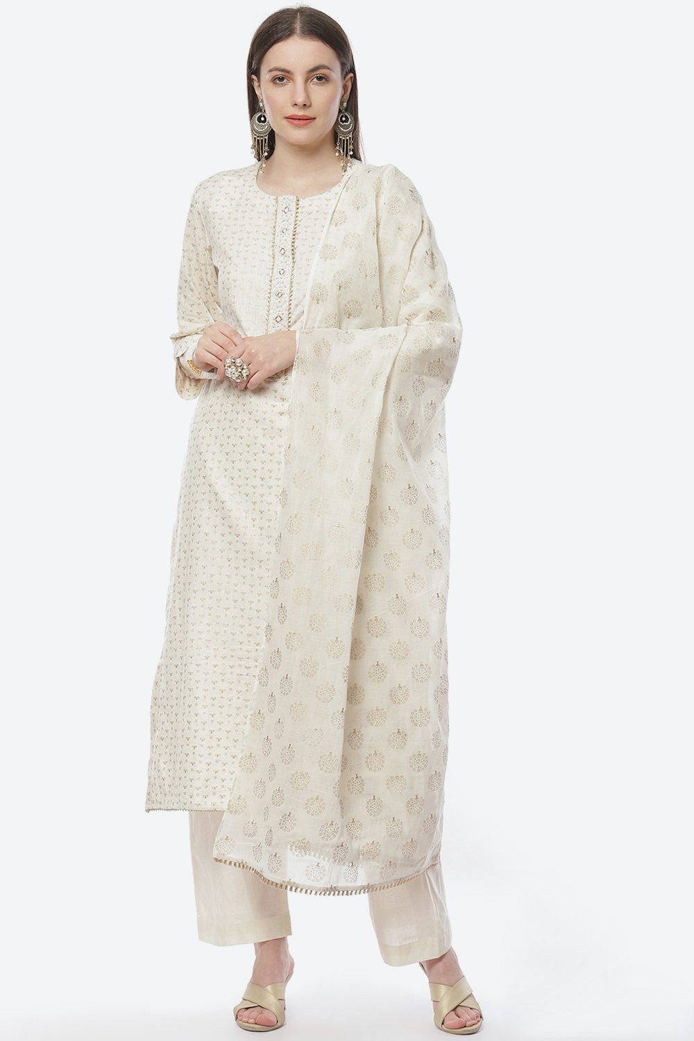 Off White Cotton Hand Block Print Unstitched Suit Set image number 0