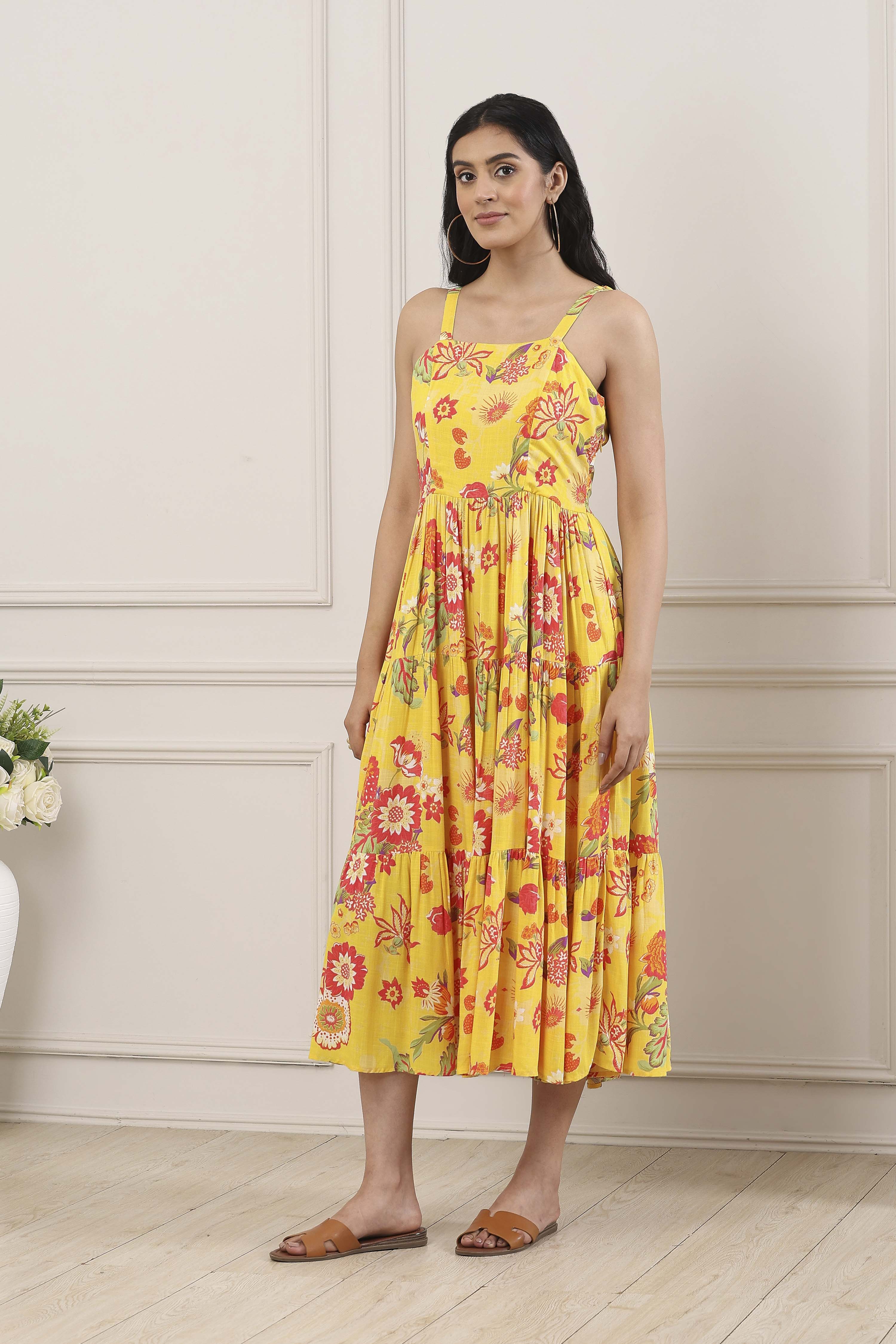 Yellow Floral Printed Strappy Tiered Dress image number 2