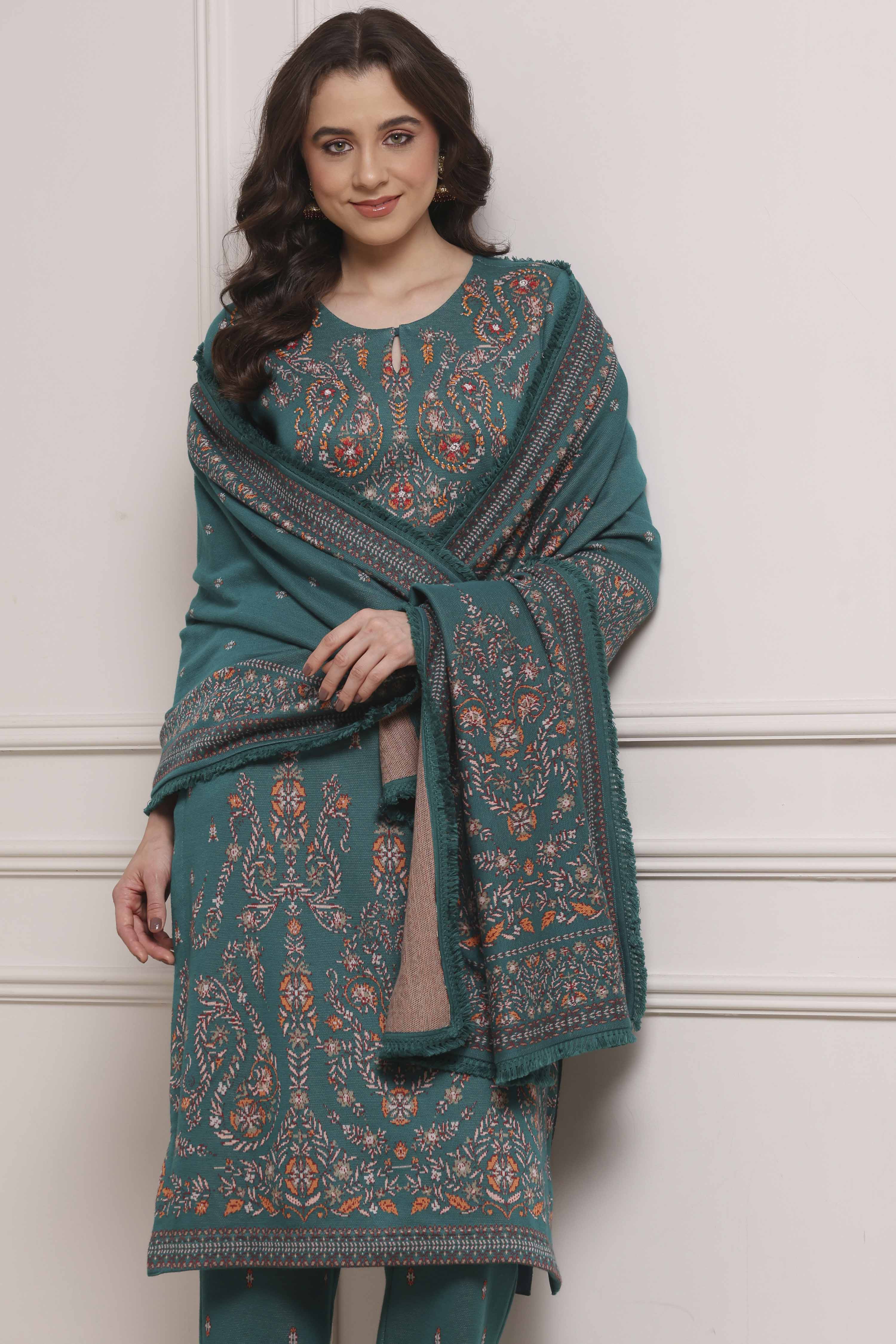 Ivory Printed Straight Winter Suit Set image number 7