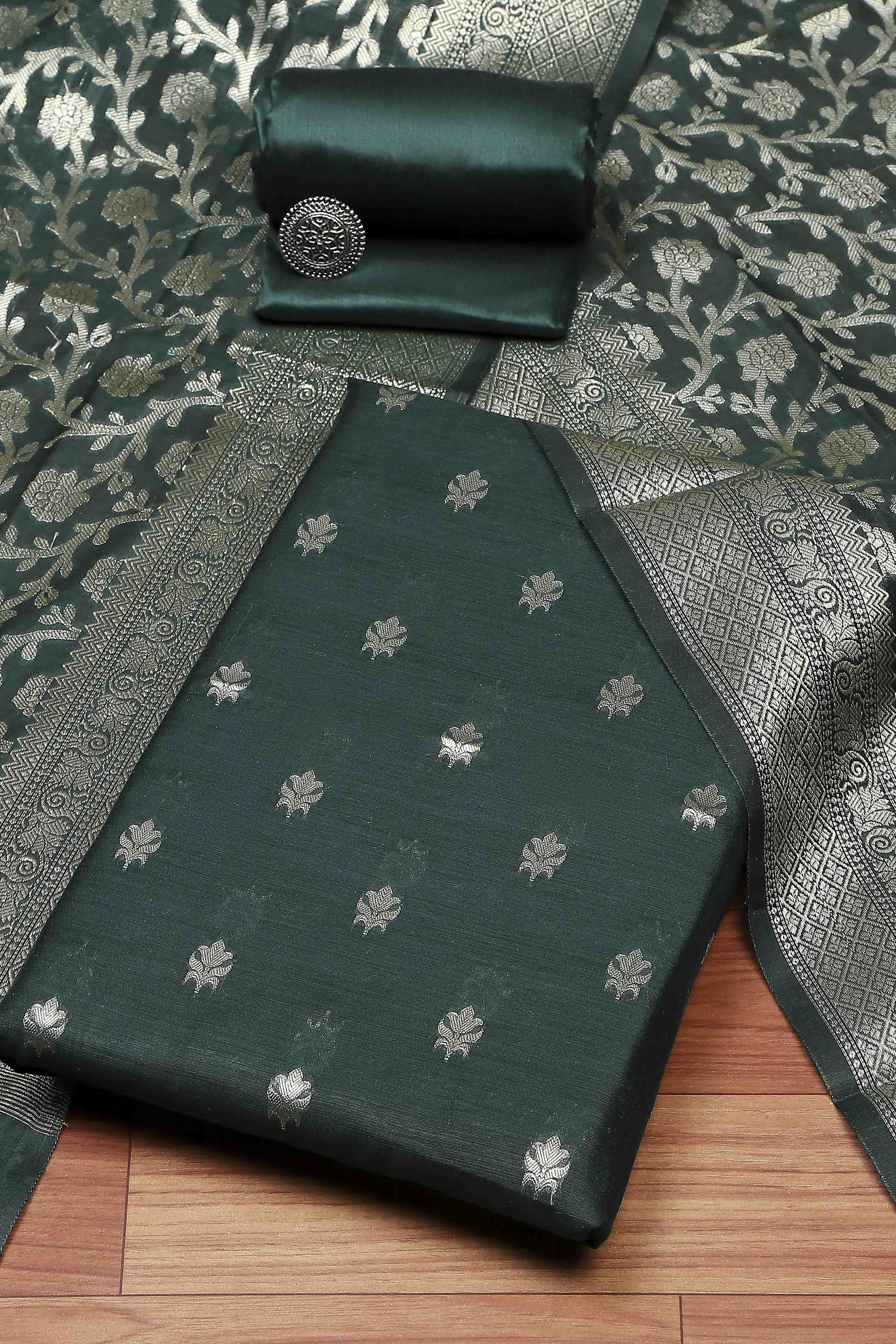 Green Black Poly Cotton Banarasi Unstitched Suit Set image number 0