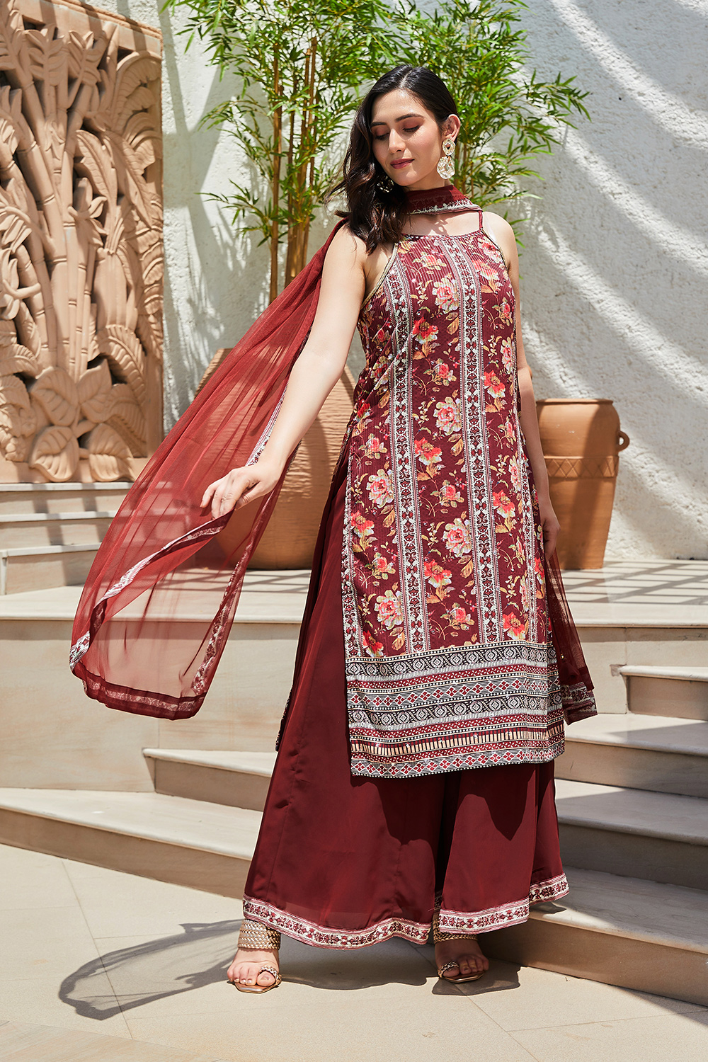 Maroon Printed Straight Kurta & Palazzo Suit Set image number 0
