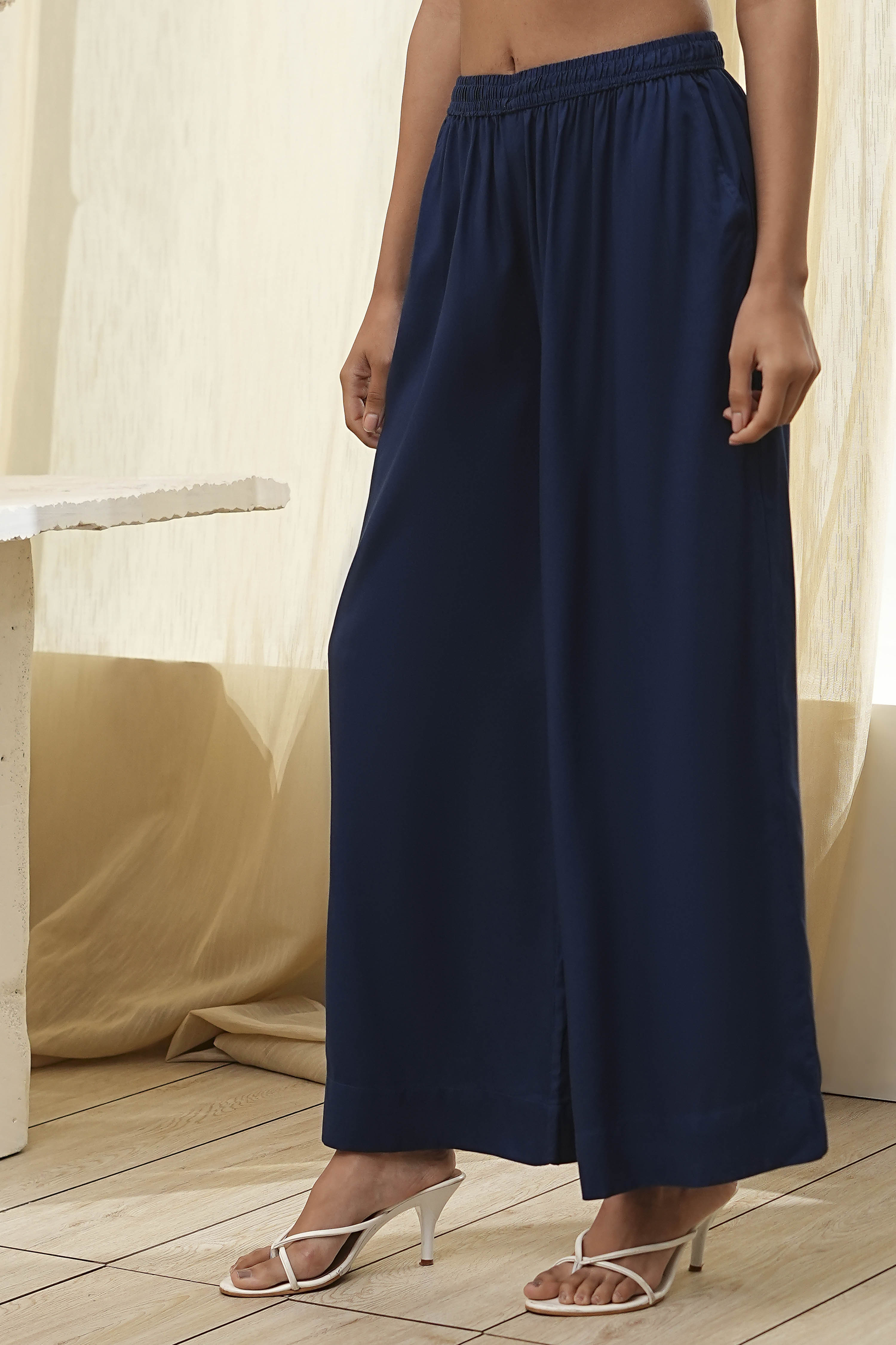 Navy Blue Viscose Solid Straight Palazzos image number 2