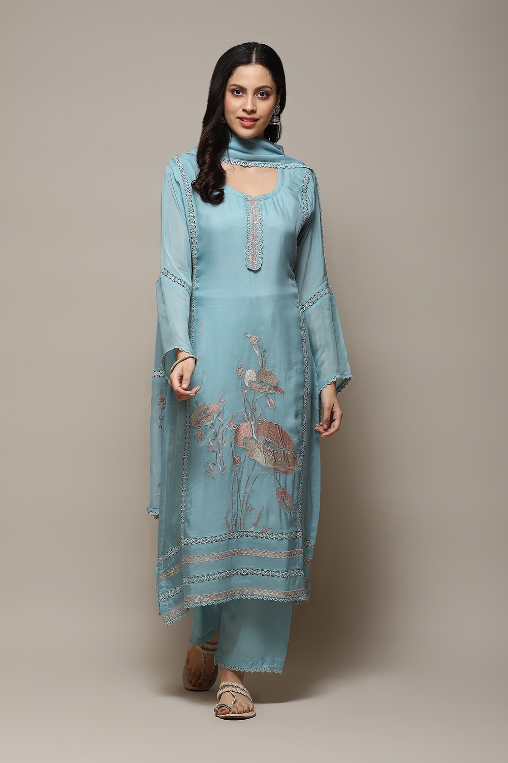 Blue Organza Digital Print Unstitched Suit Set image number 8