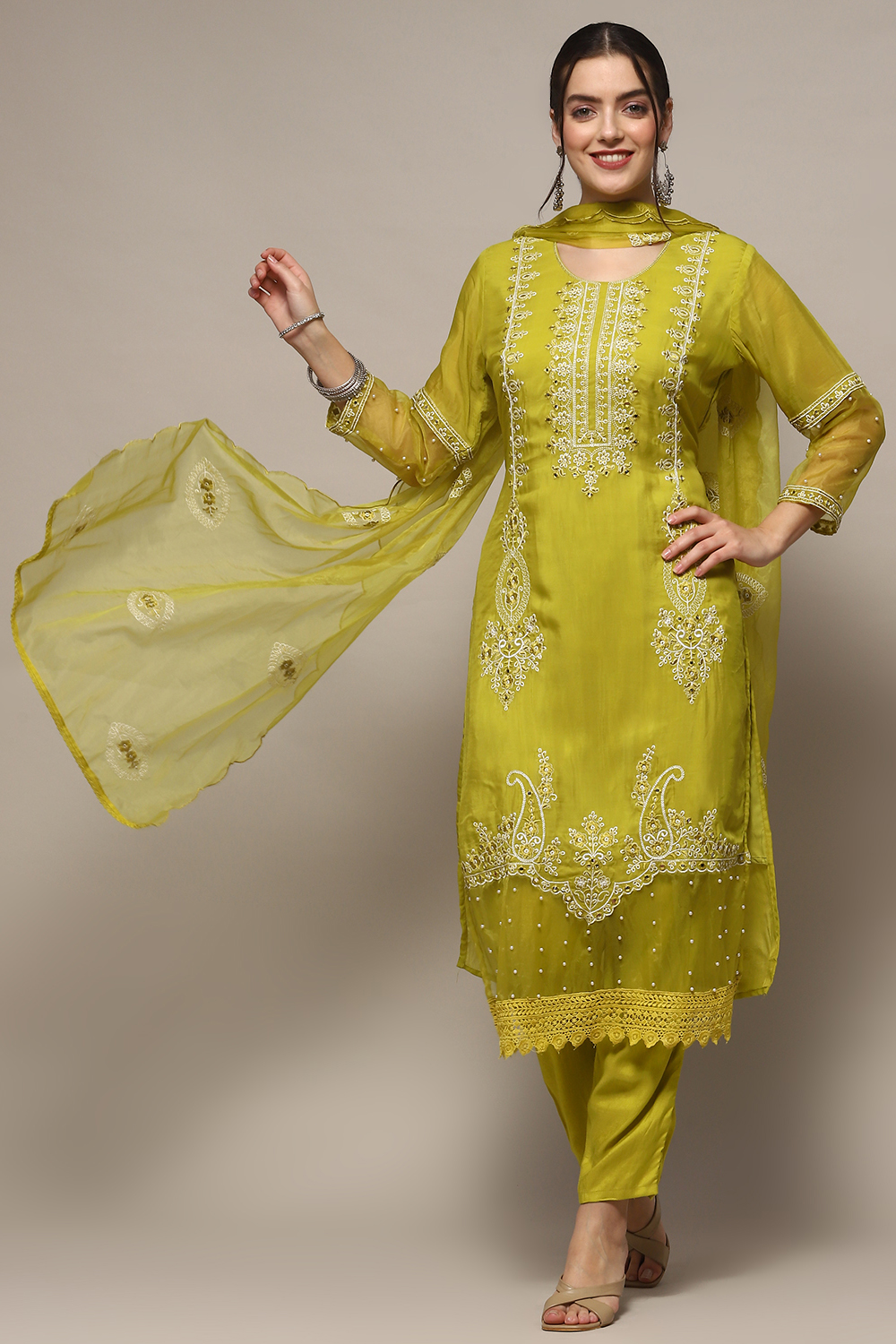 Lime Organza Unstitched Suit set image number 8