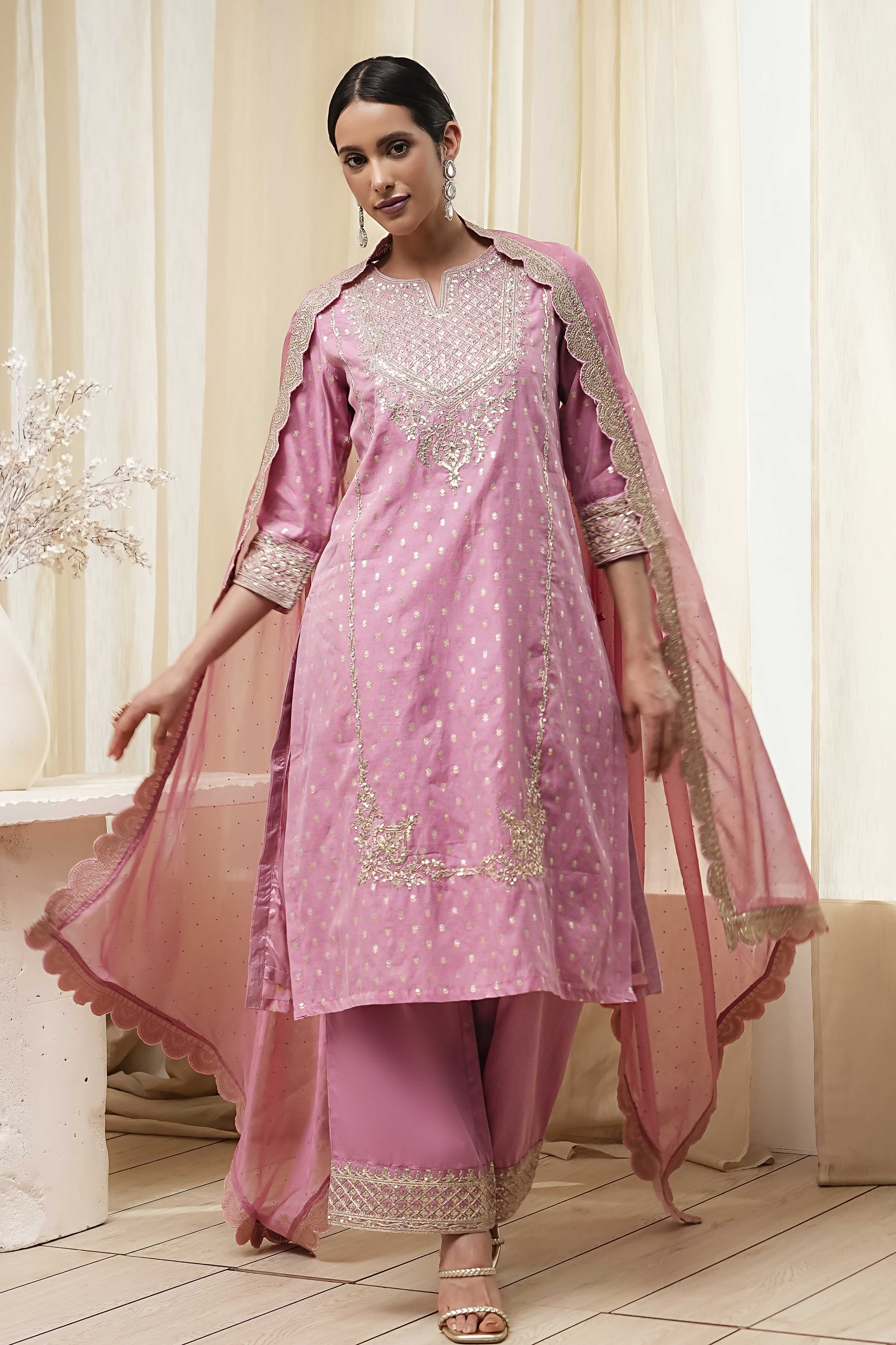 Powder Pink Embroidered Straight Suit Set image number 5