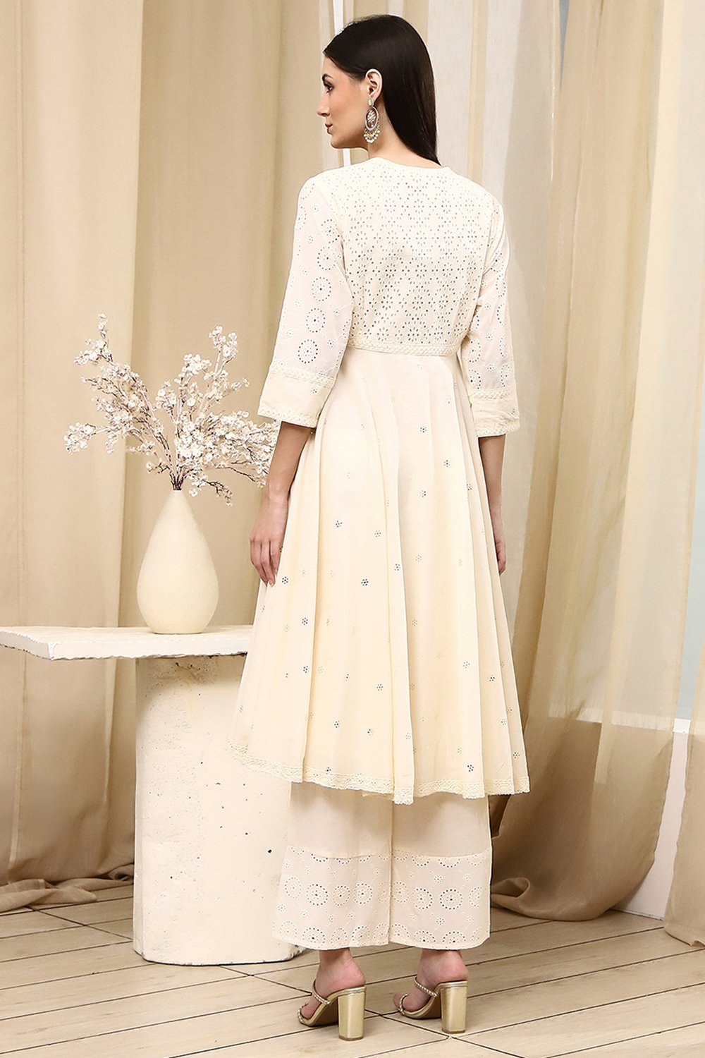 Off-White Cotton Schiffli Anarkali Suit Set image number 4
