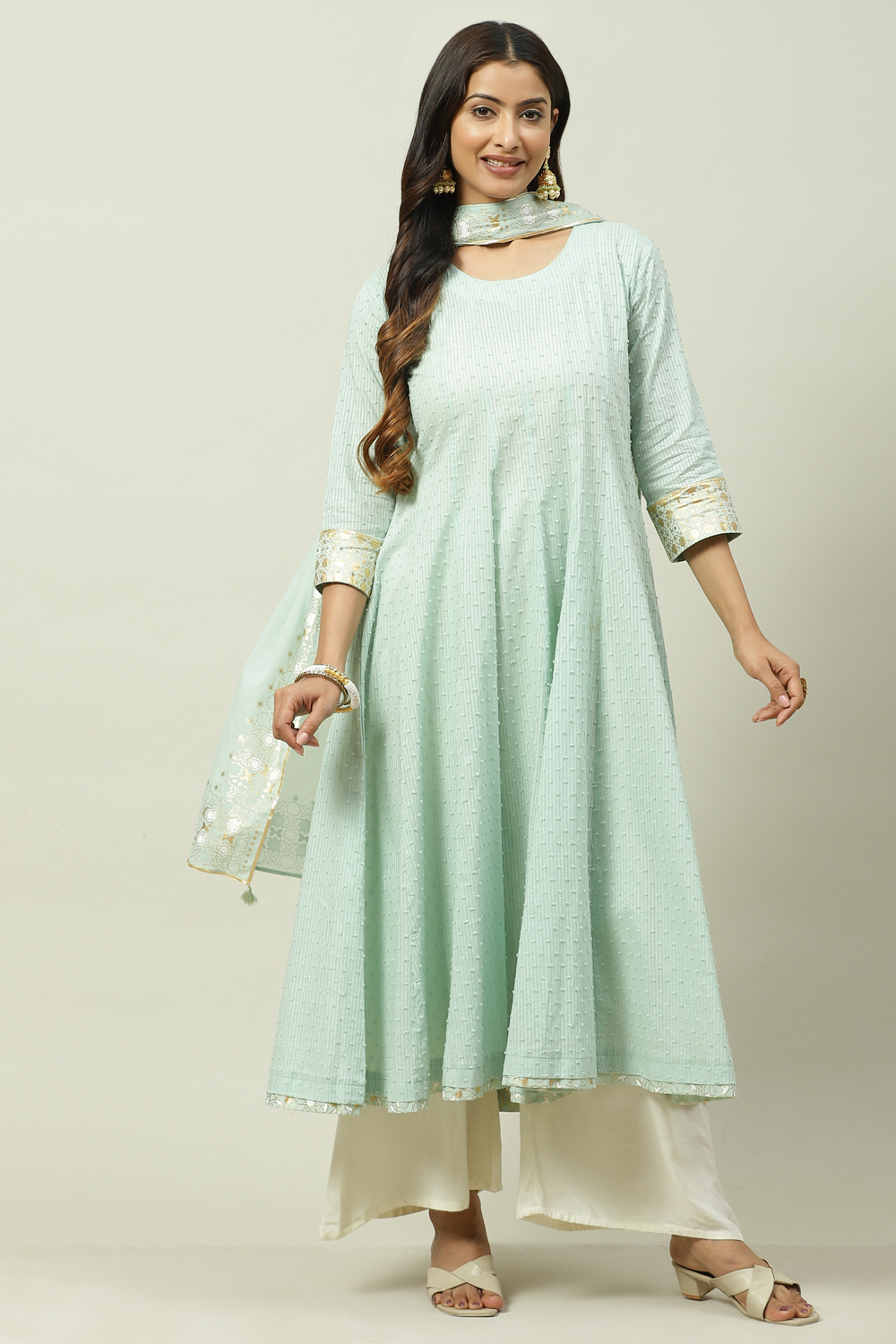 Sea Green Cotton Flared Kurta image number 0