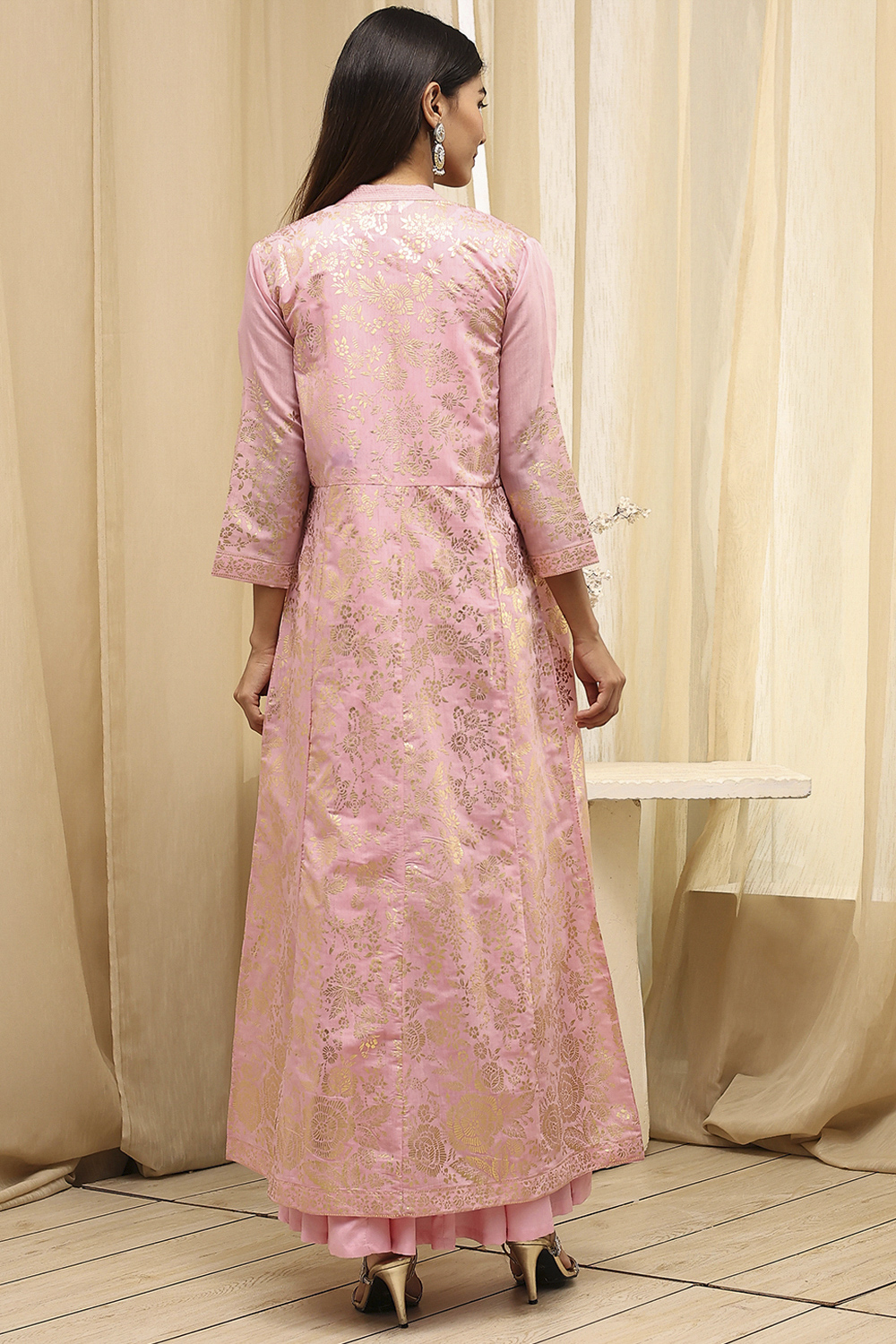 Earthy Brown Printed Layered Cape Dress image number 5