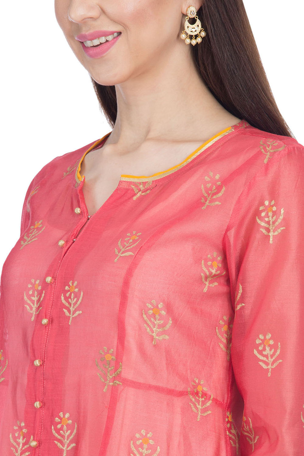Coral Pink Front Open Cotton Kurta Churidar Suit Set image number 1