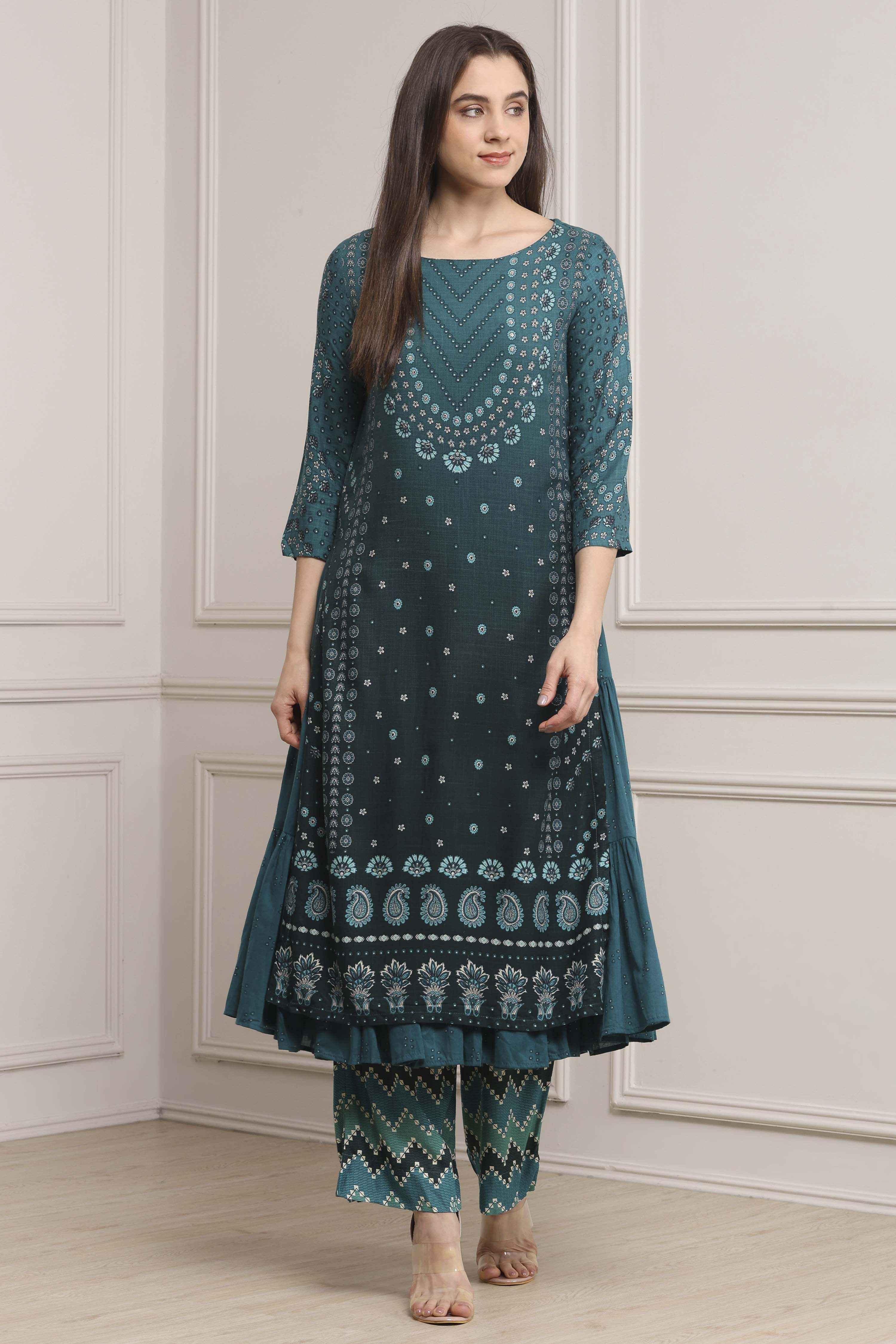 Blue Viscose Rayon Flared Kurta Pants Set image number 0