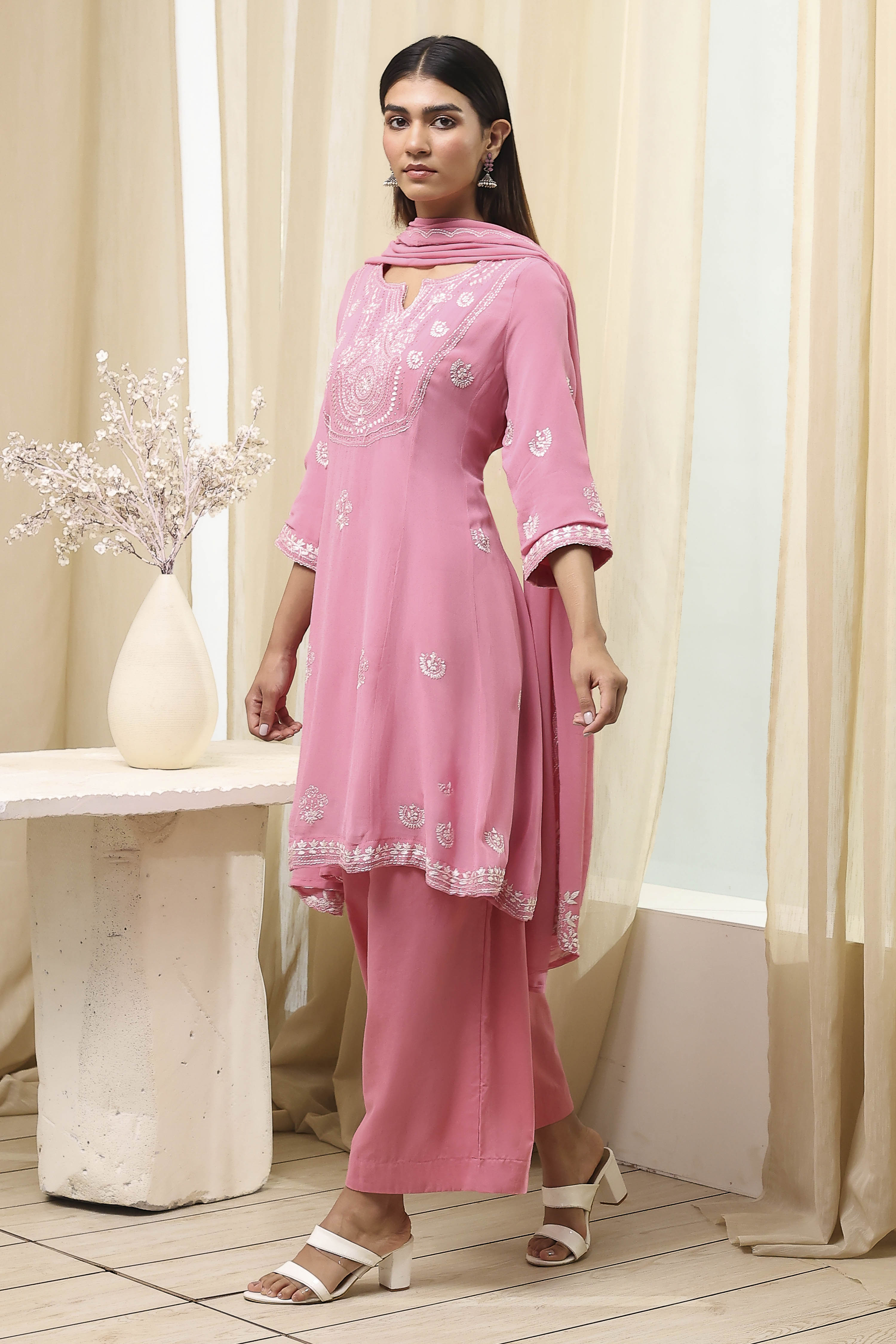 Pink Embroidered Kalidar Suit Set image number 3