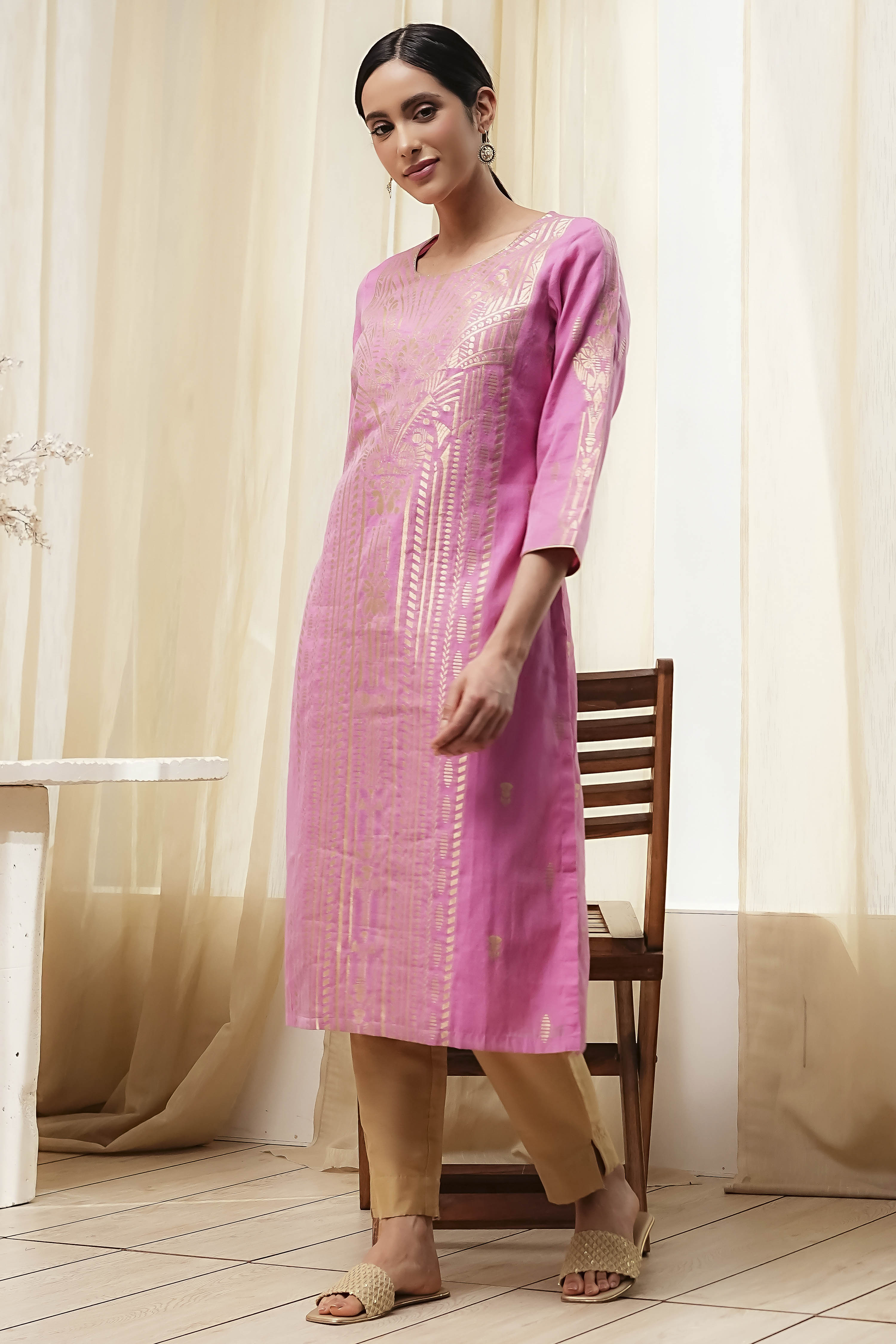 Pink Poly Cotton Straight Yarndyed Kurta image number 6