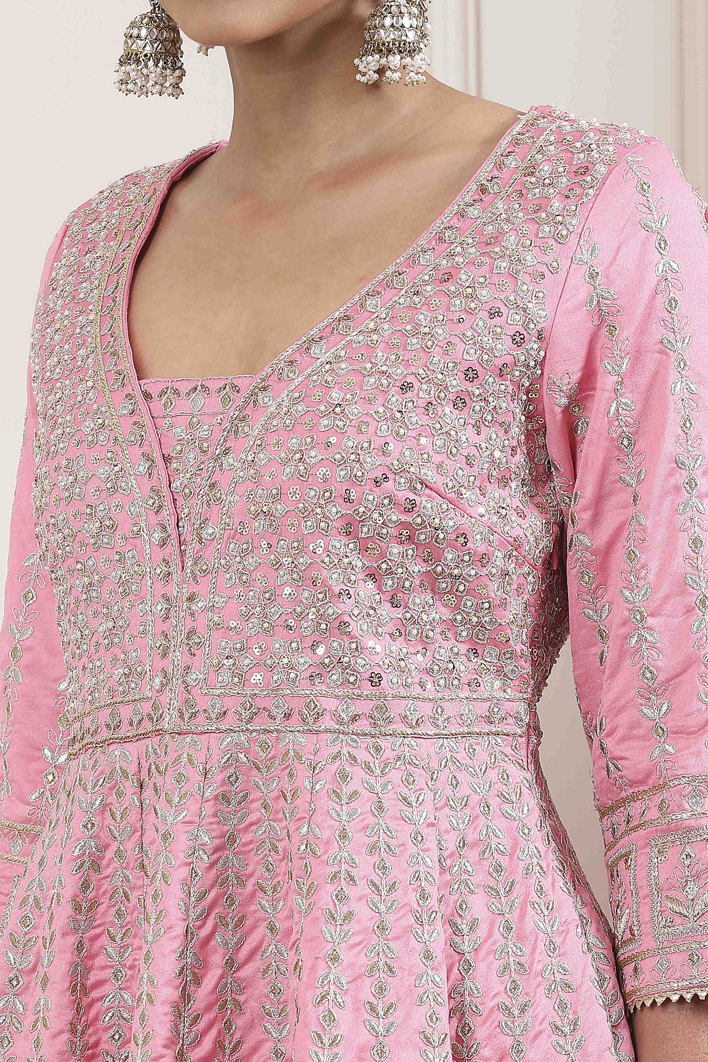Rose Pink Cotton Silk Anarkali Suit Set image number 1