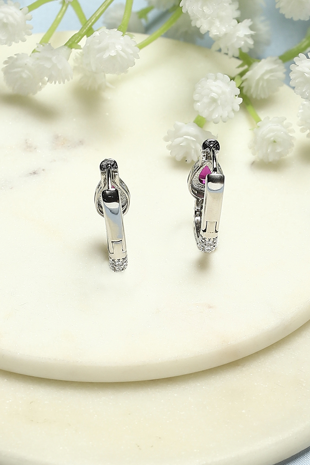 Ruby Silver-Plated CZ Studded Contemporary Hoops image number 2
