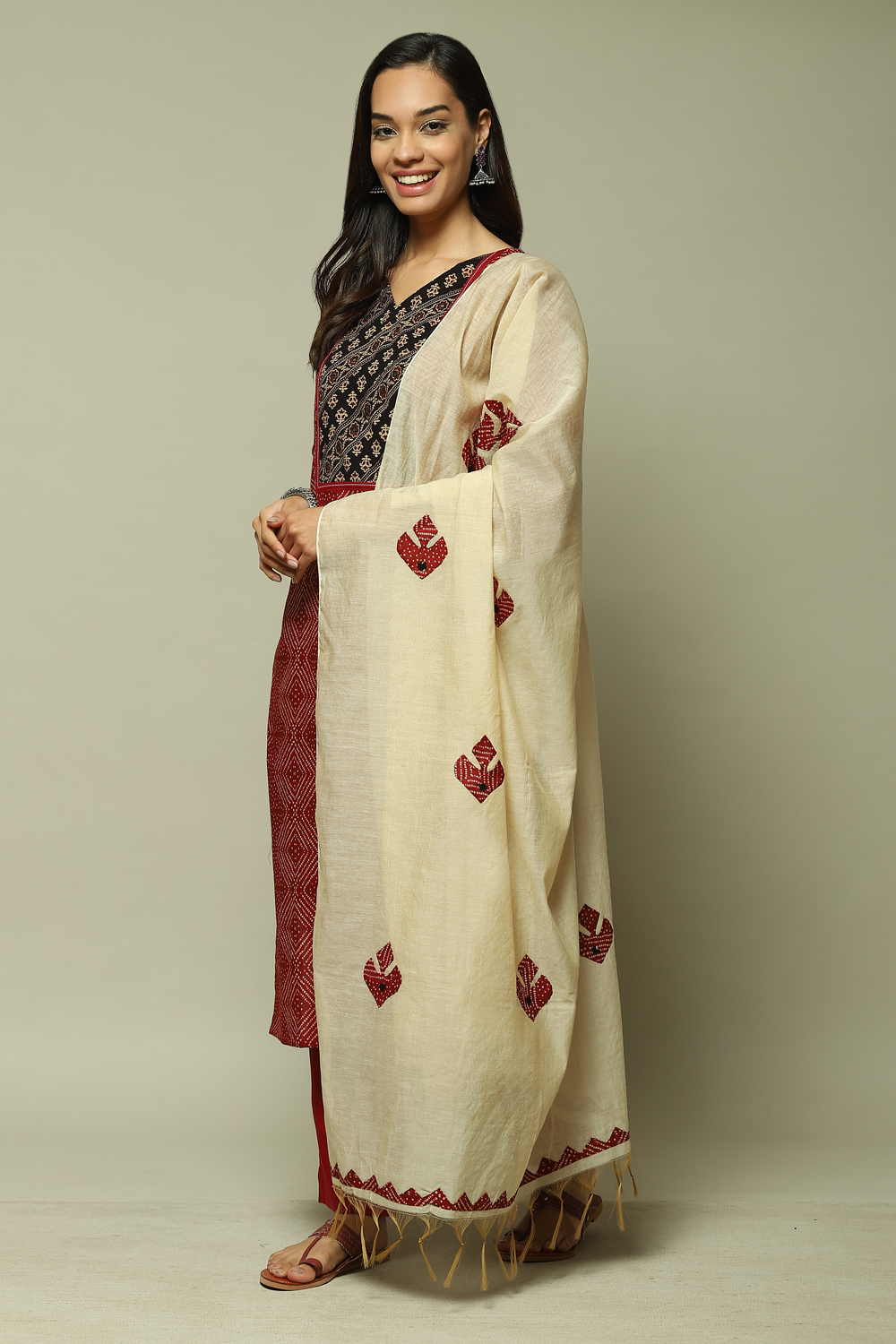 Red Cotton Printed Unstitched Suit Set image number 5