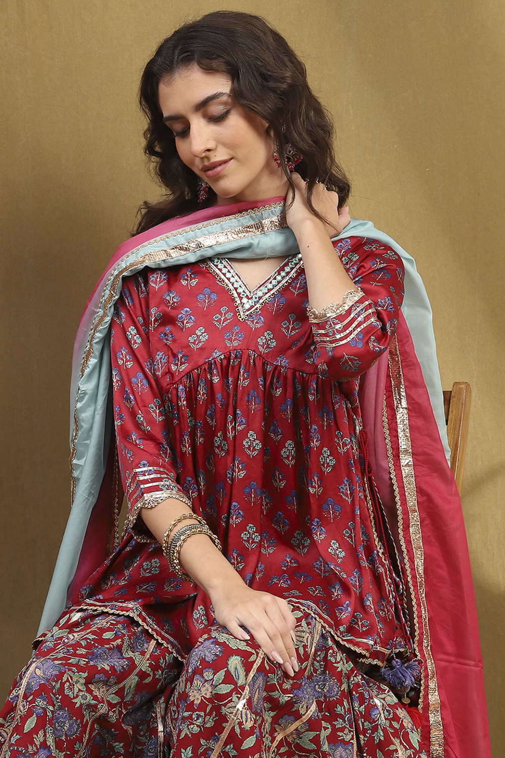 Navy Blue Viscose Floral Peplum Suit Set image number 7