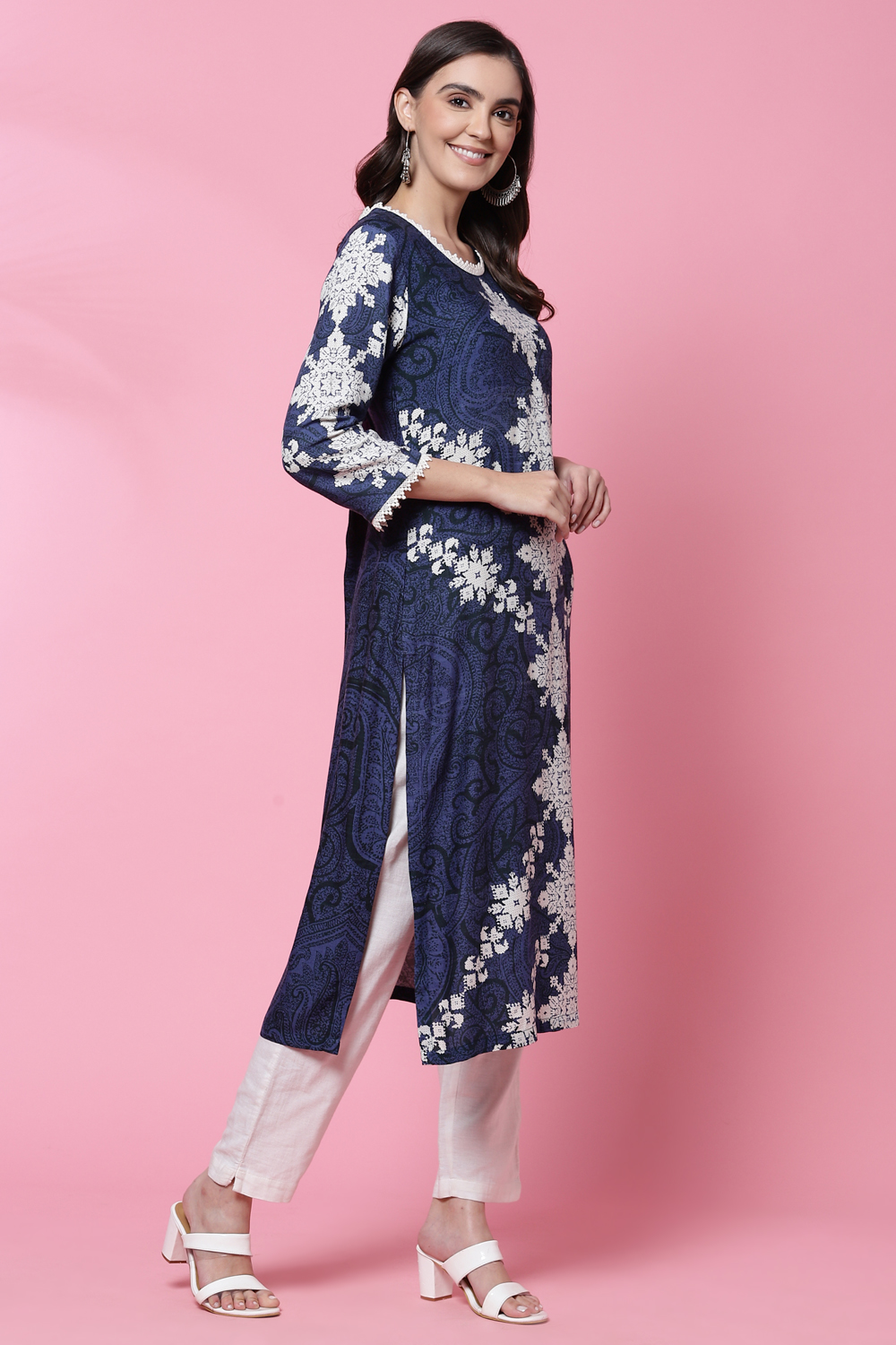 Indigo LIVA Straight Kurta image number 3