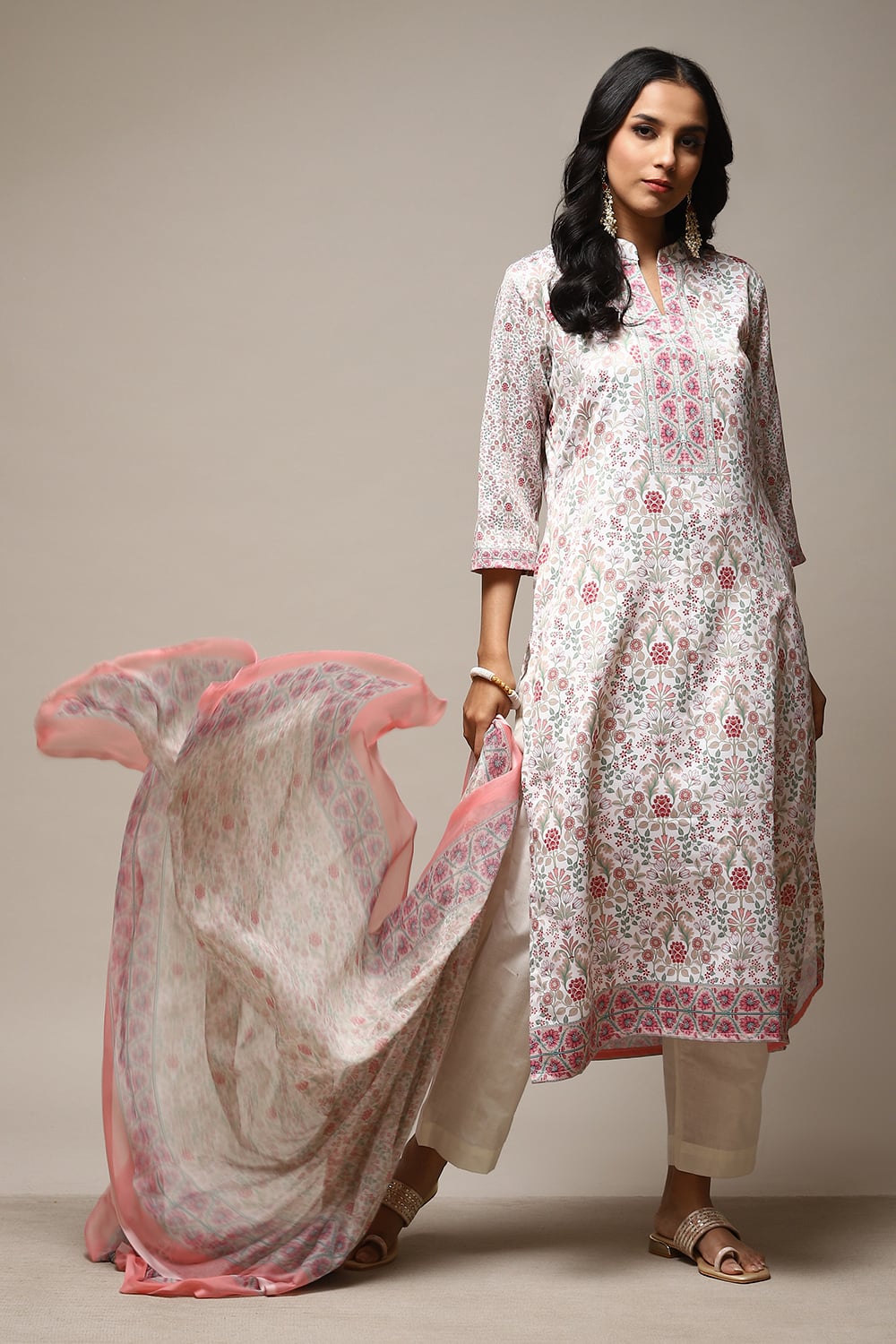Off White Cotton Screen Print Unstitched Suit Set image number 1
