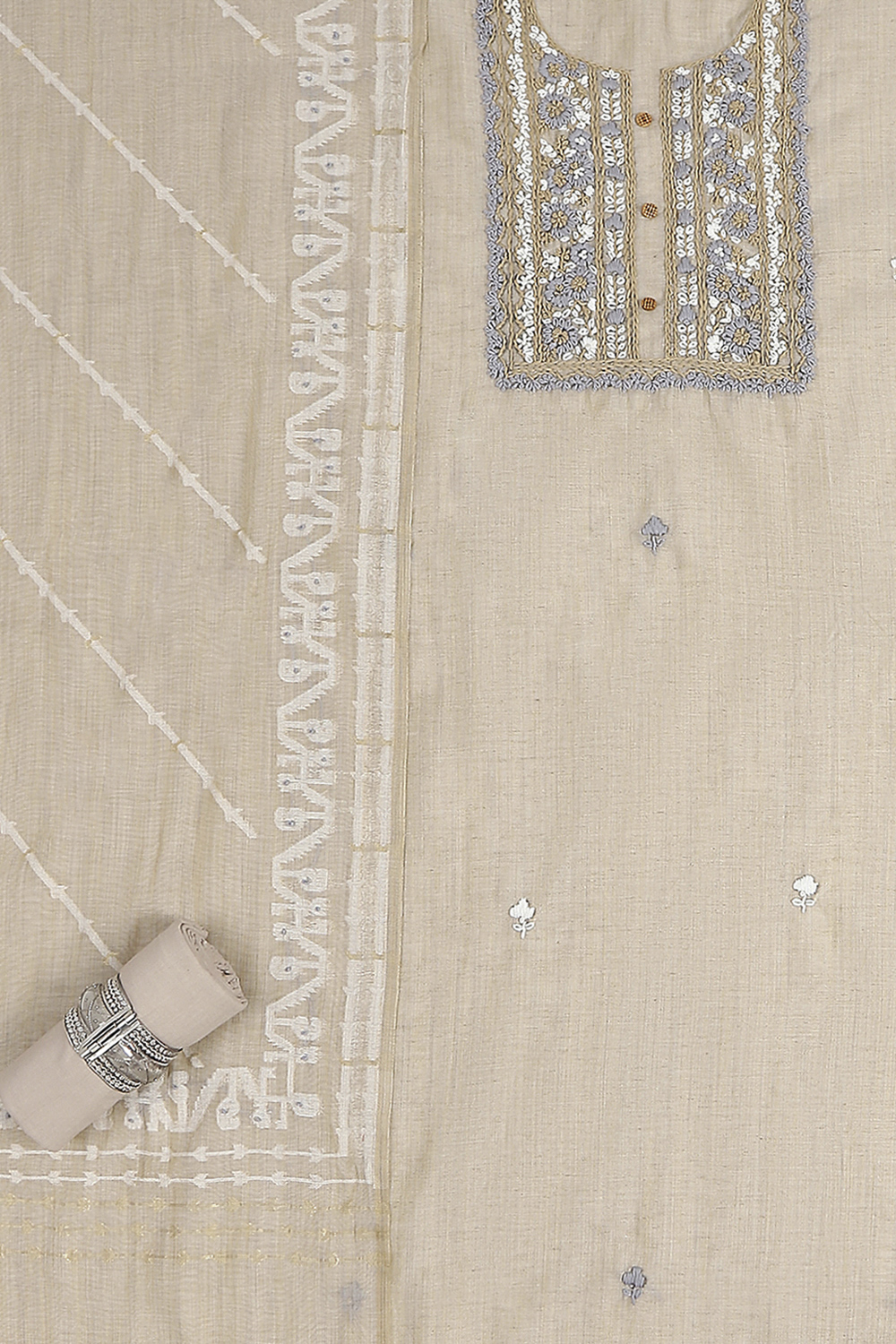 Beige Cotton Printed Embroidered Unstitched Suit Set image number 1