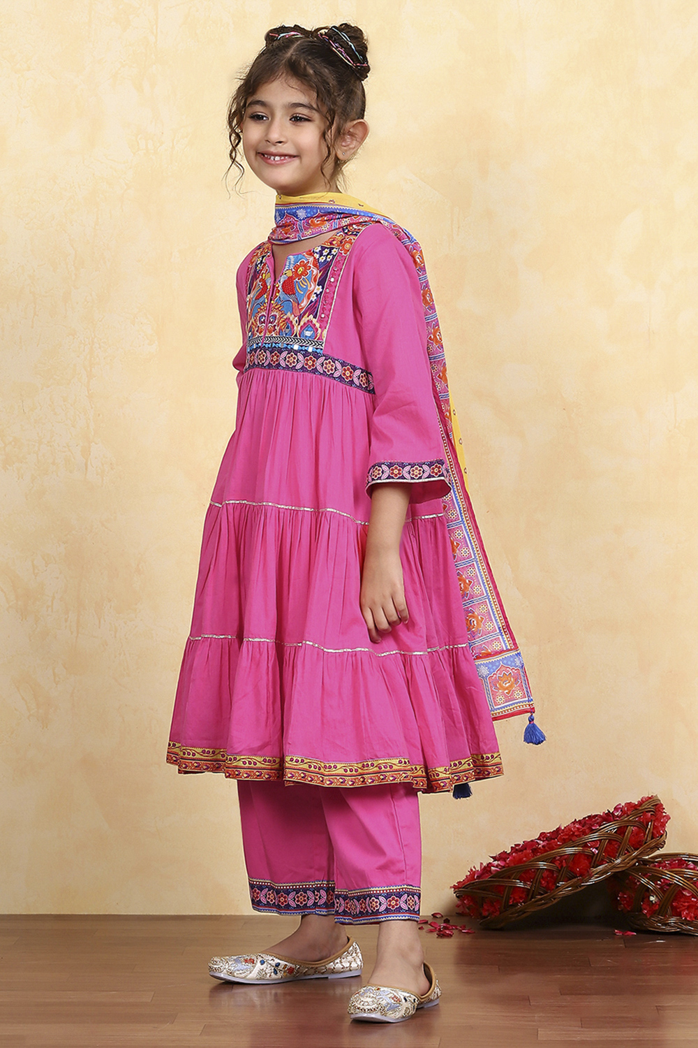 Pink Cotton Solid Tiered Suit Set image number 3