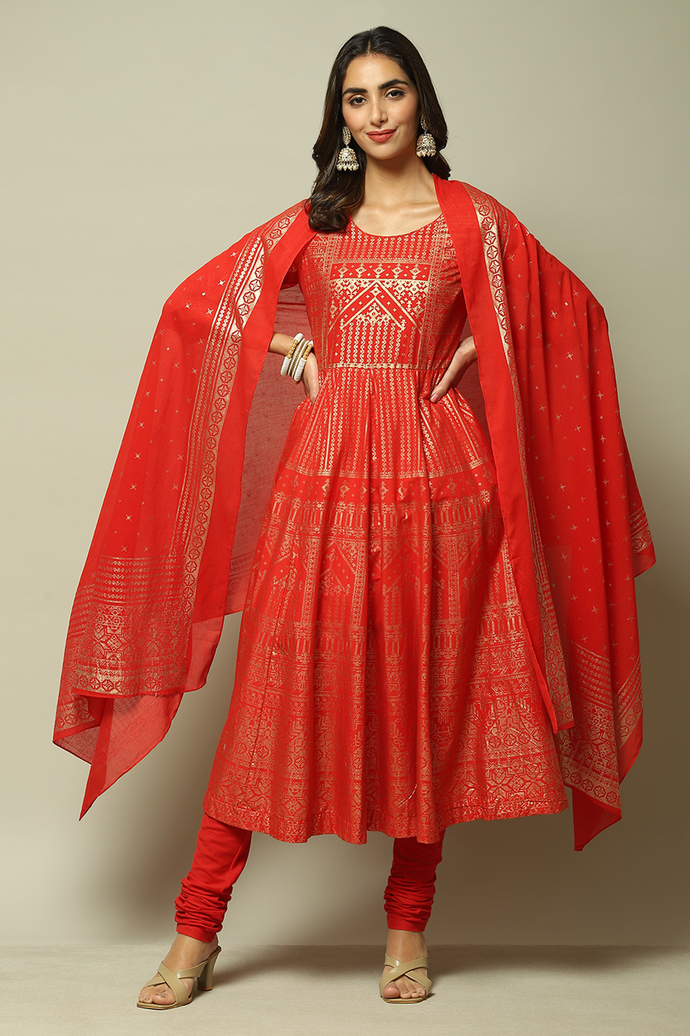Teal Cotton Anarkali Kurta Churidar Suit Set image number 0