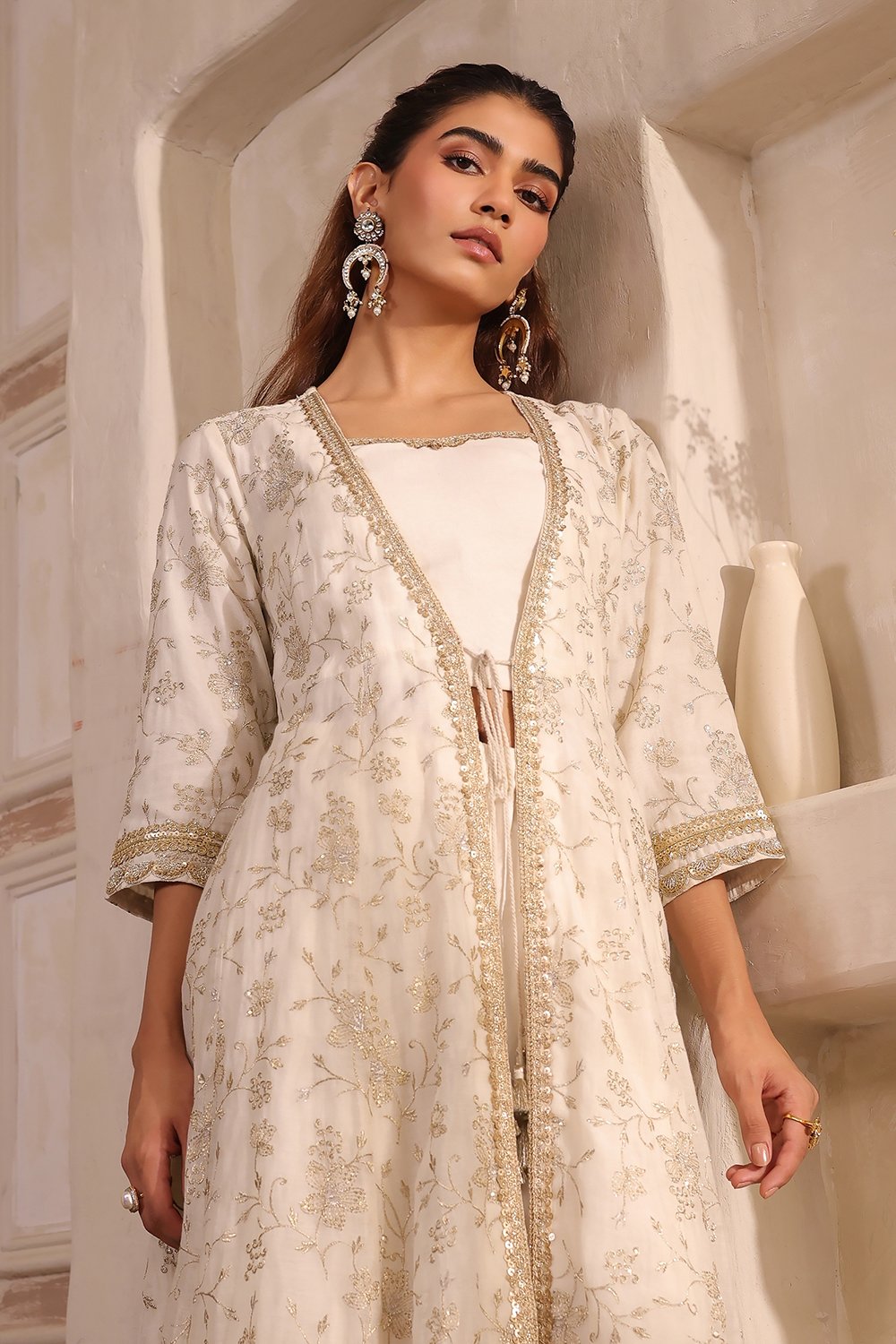 Natural White Embroidered Anarkali Fusion Set image number 1