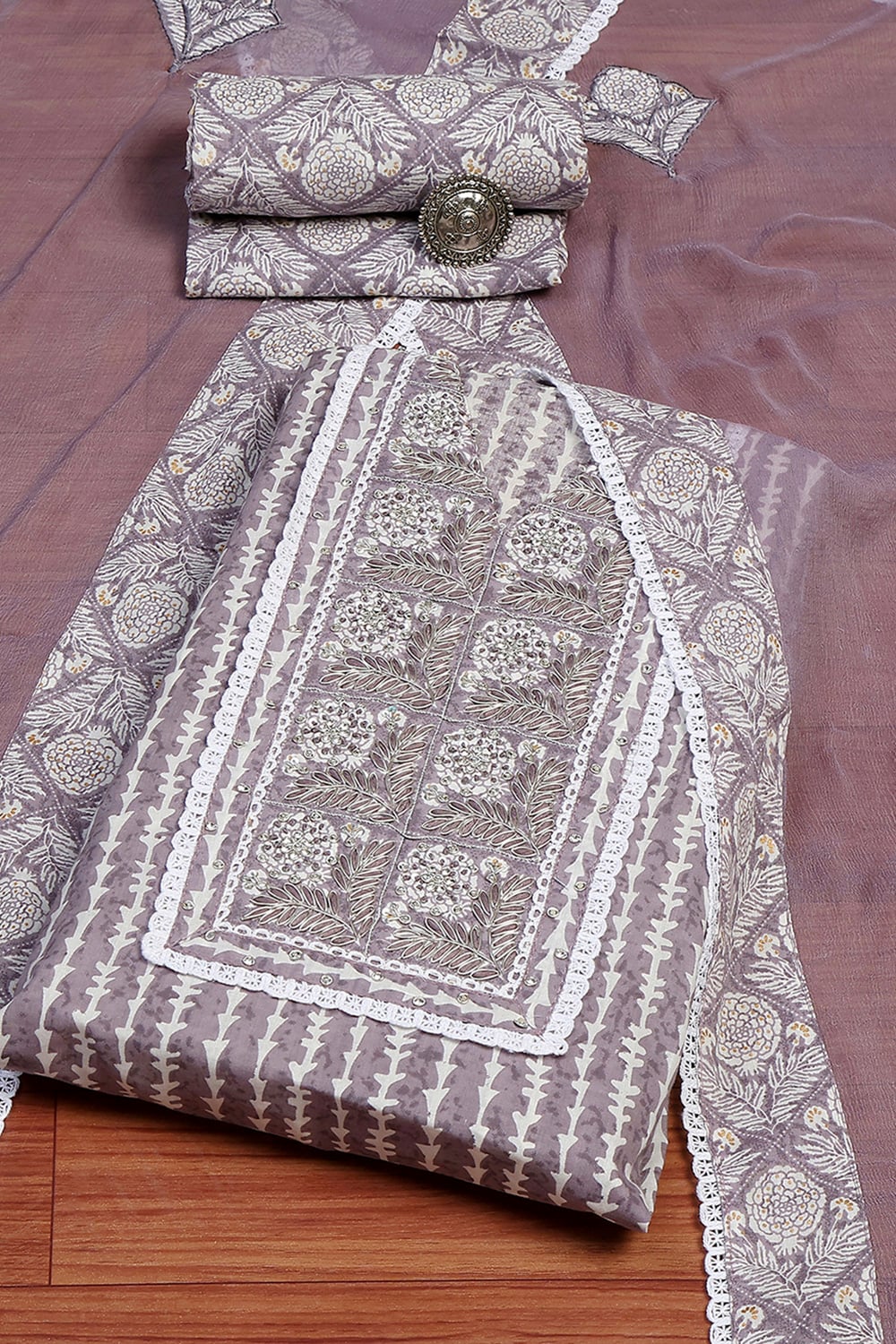 Grey Cotton Printed Unstitched Suit Set image number 0