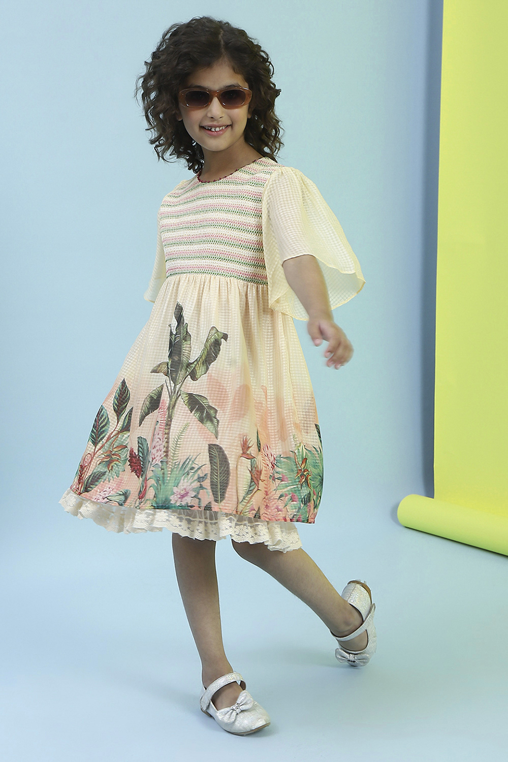 Beige Printed Gathered Dress image number 0