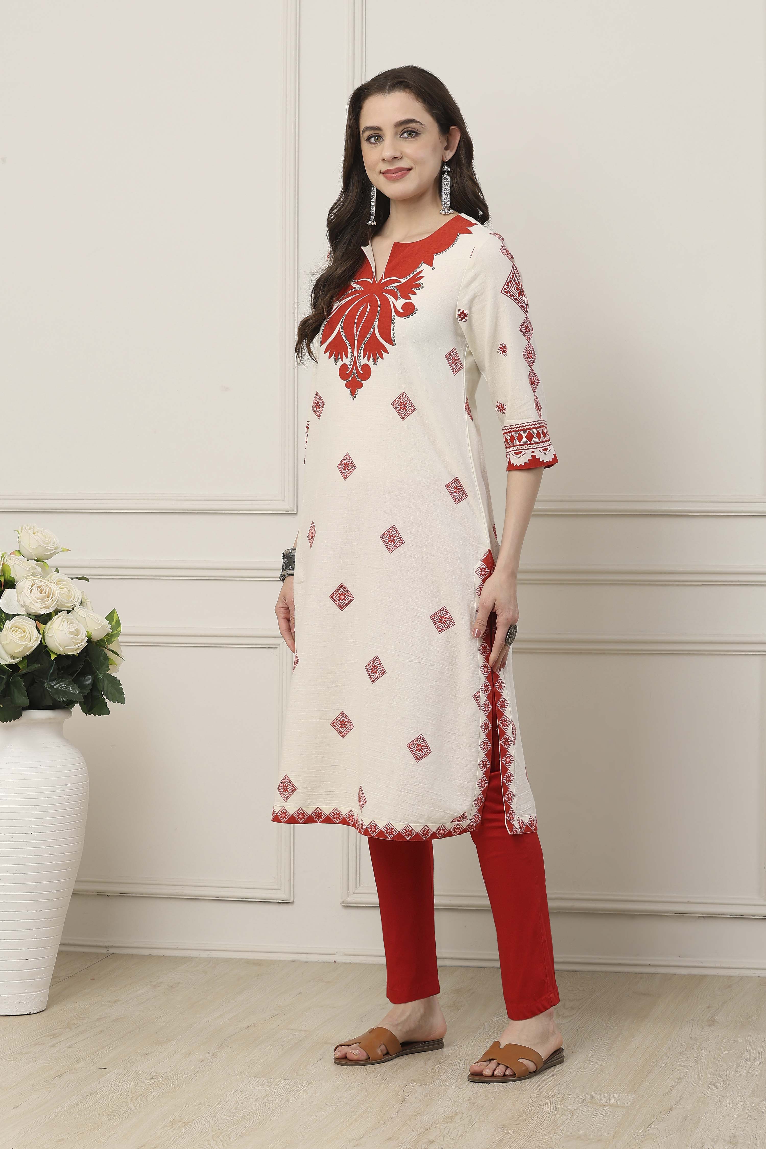 Orange Cotton Straight Kurta image number 2