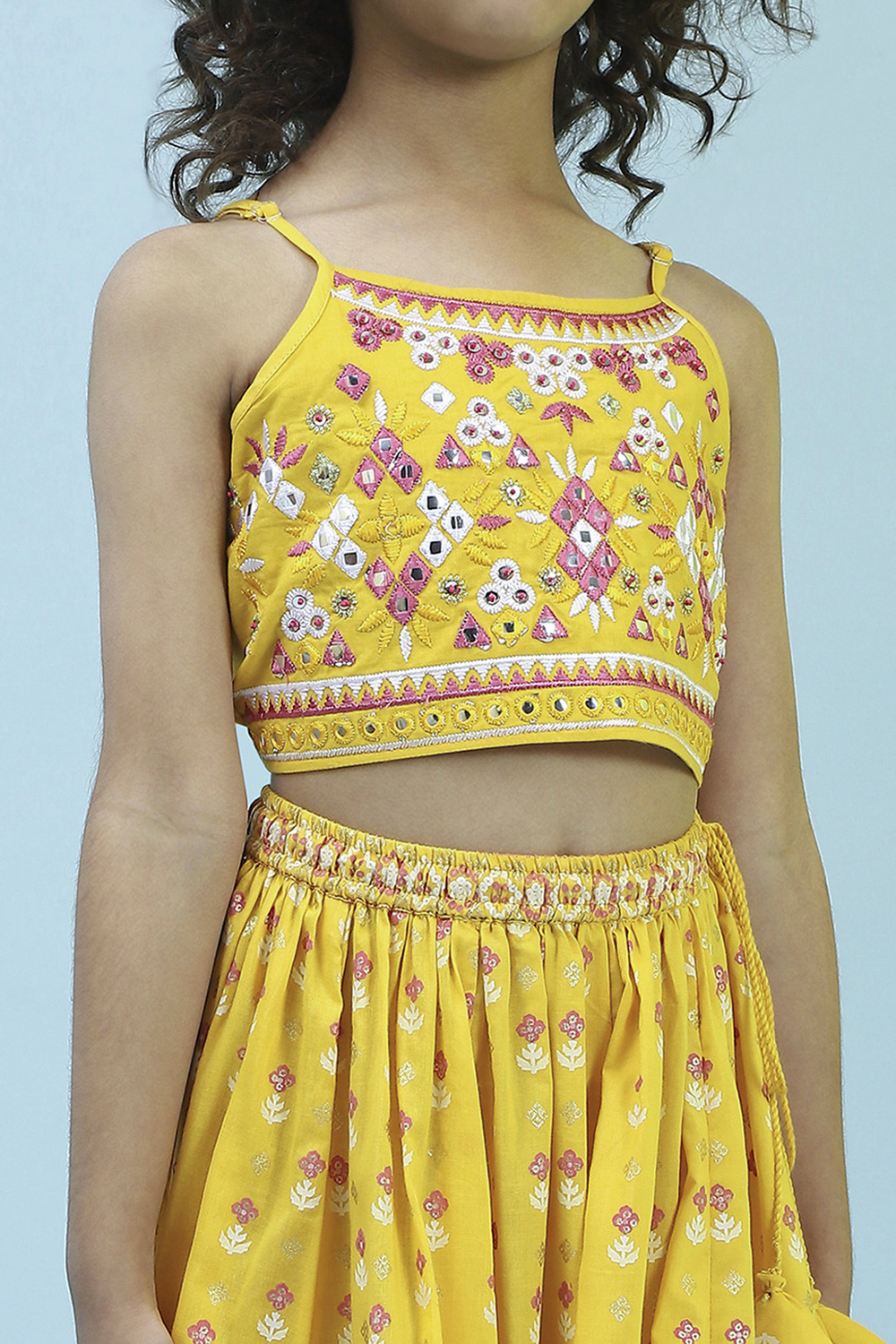 Yellow Cotton Printed Strappy Lehenga Set image number 1