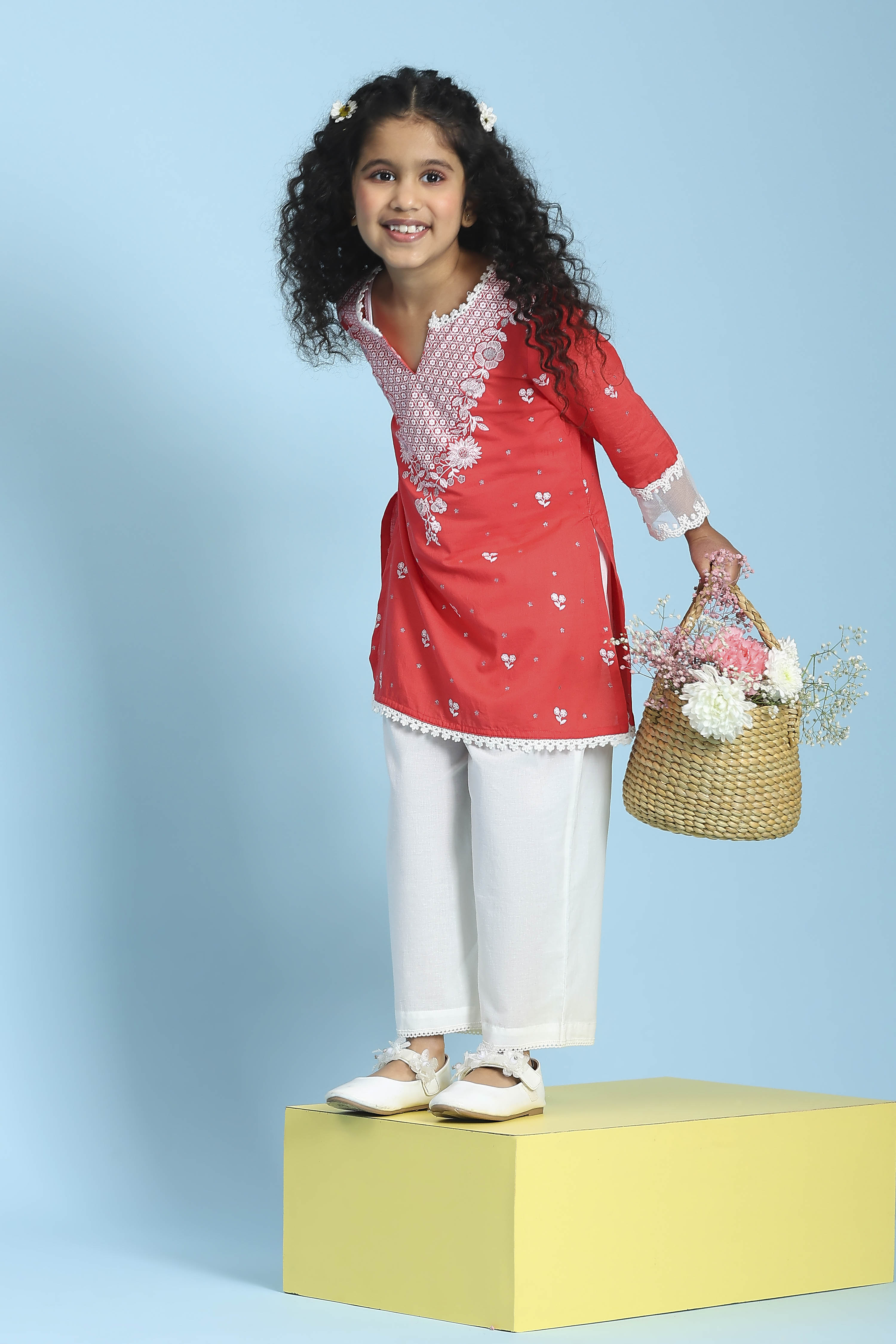 Yellow and White Cotton Printed Straight Kurta Set image number 0