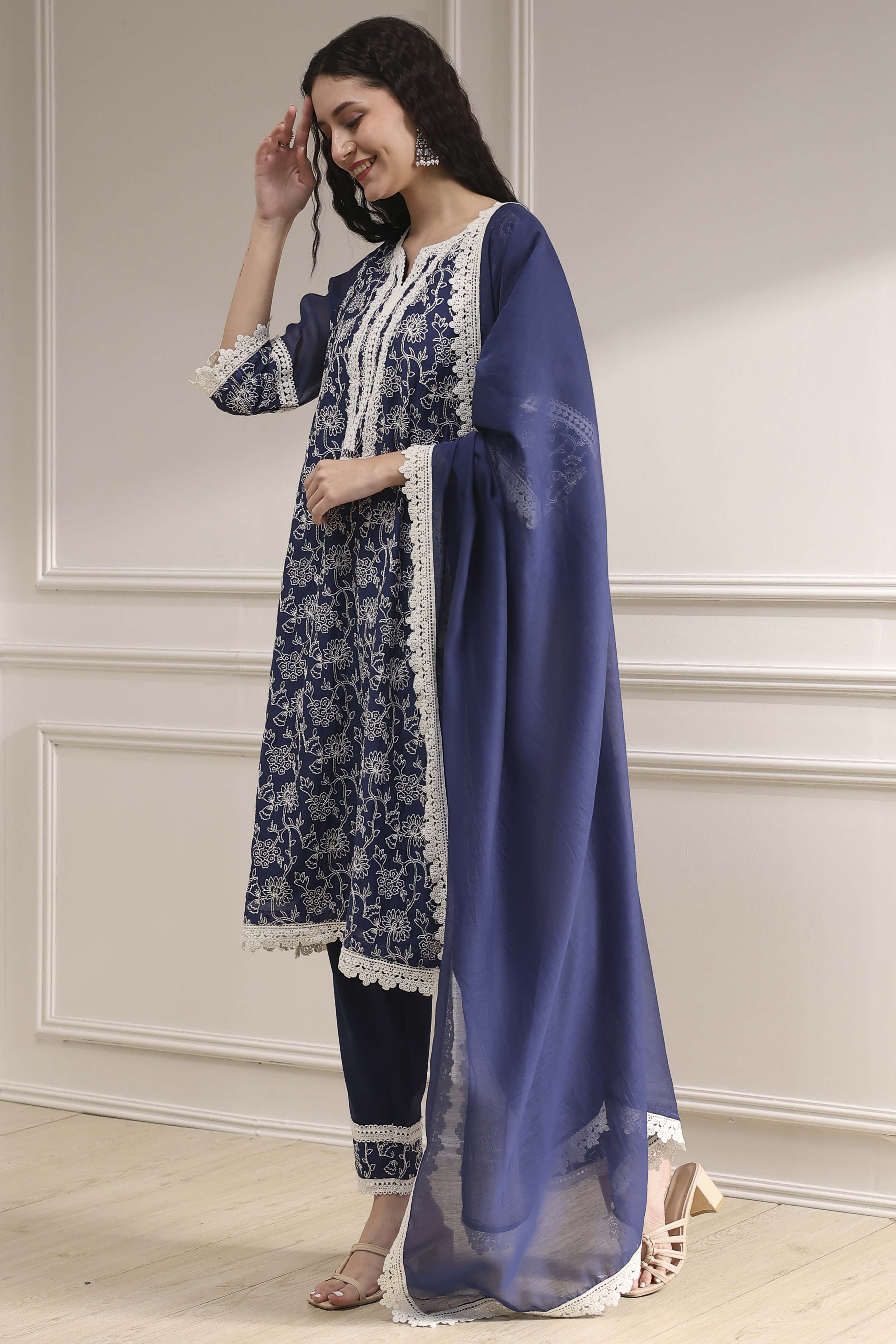 Blue Chanderi Embroidered Straight Suit Set image number 3