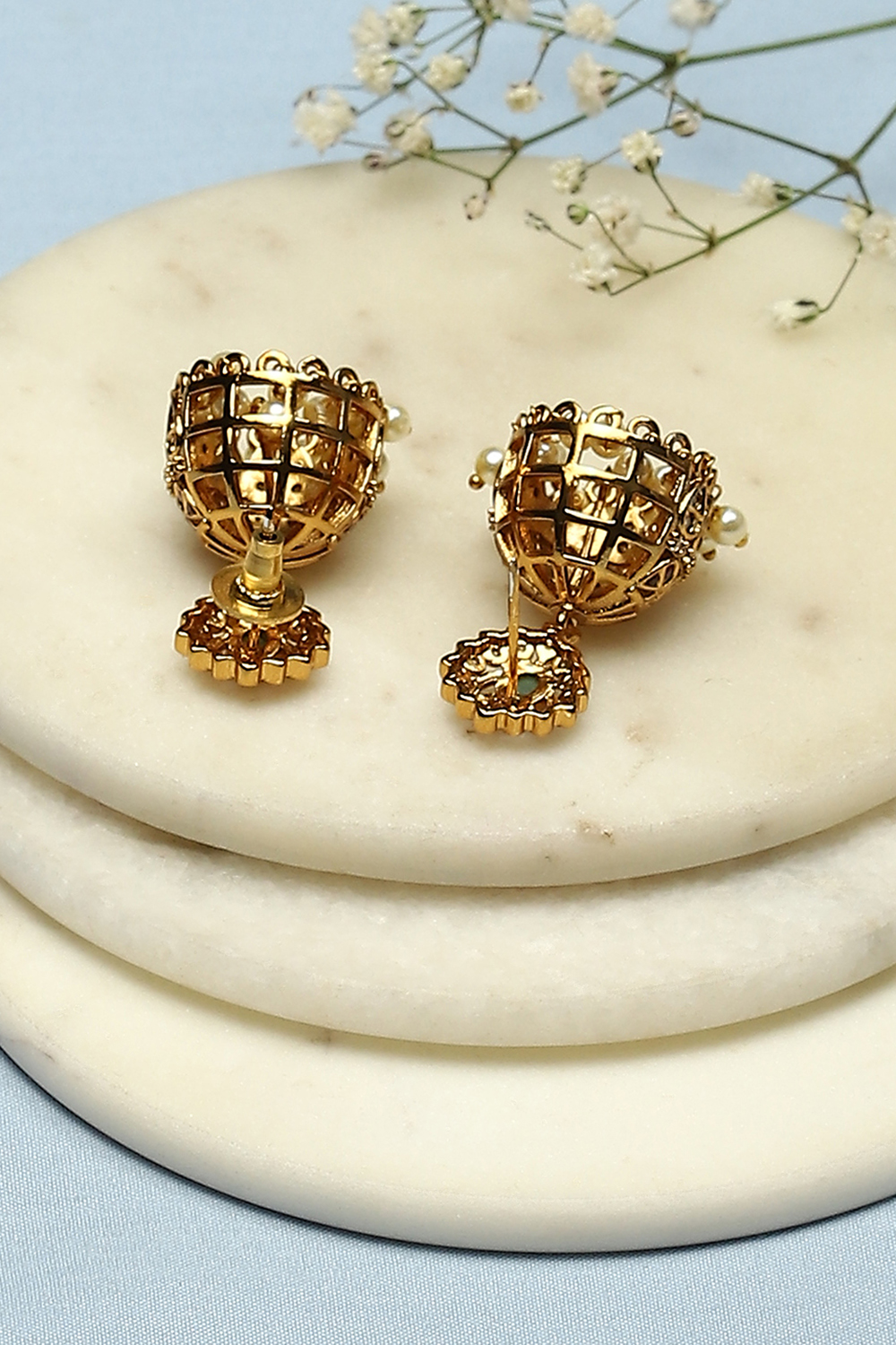 Gold Green Stone Earrings image number 2