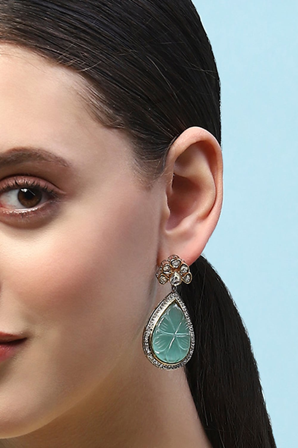 Mint Green Gold-Plated Kundan Tear Drop Danglers image number 3
