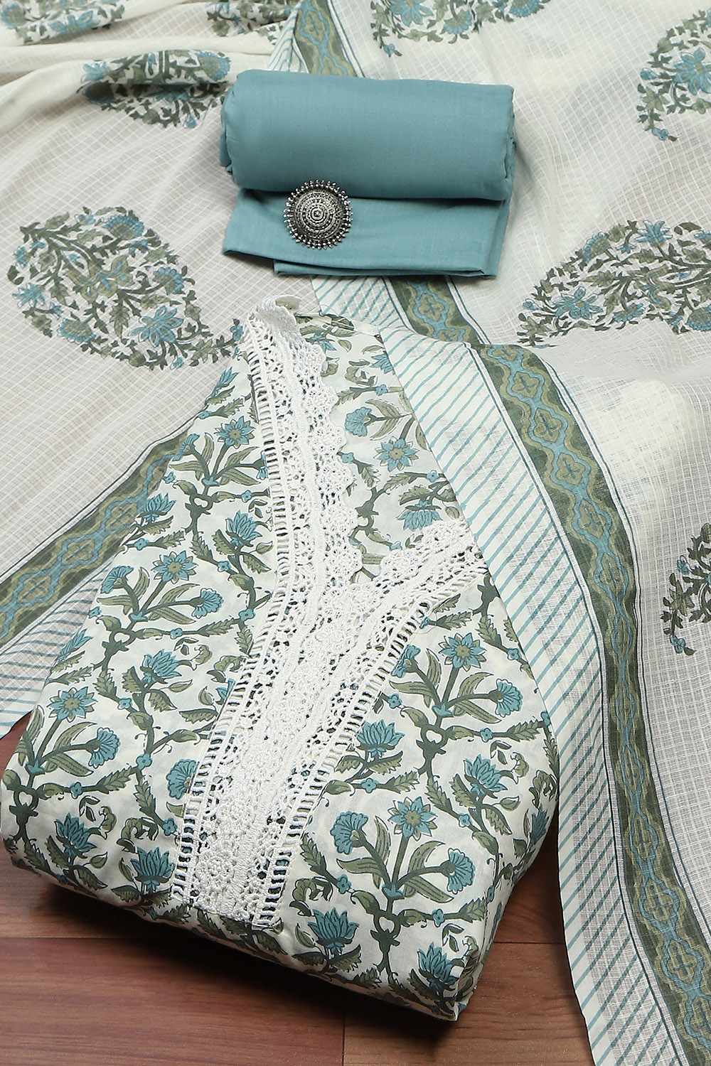 White Cotton Printed Unstitched Kurta Set image number 0