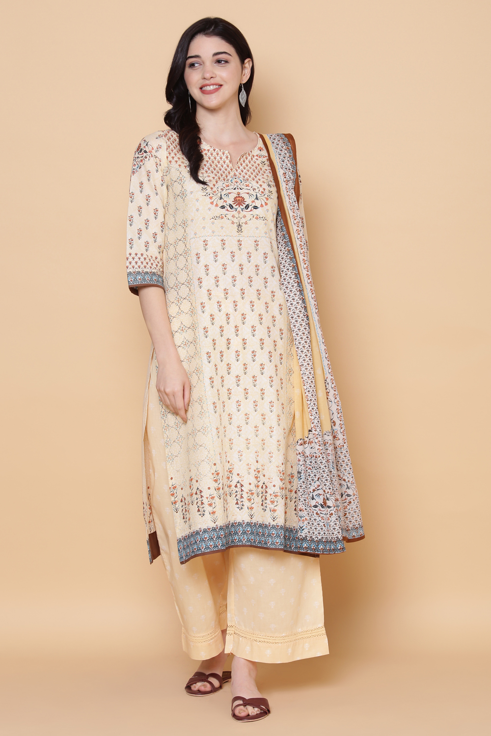 Beige Cotton Straight Kurta Palazzo Suit Set image number 6