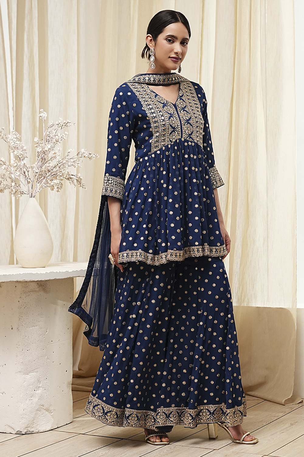 Ivory Georgette Embroidered Peplum Suit Set image number 5