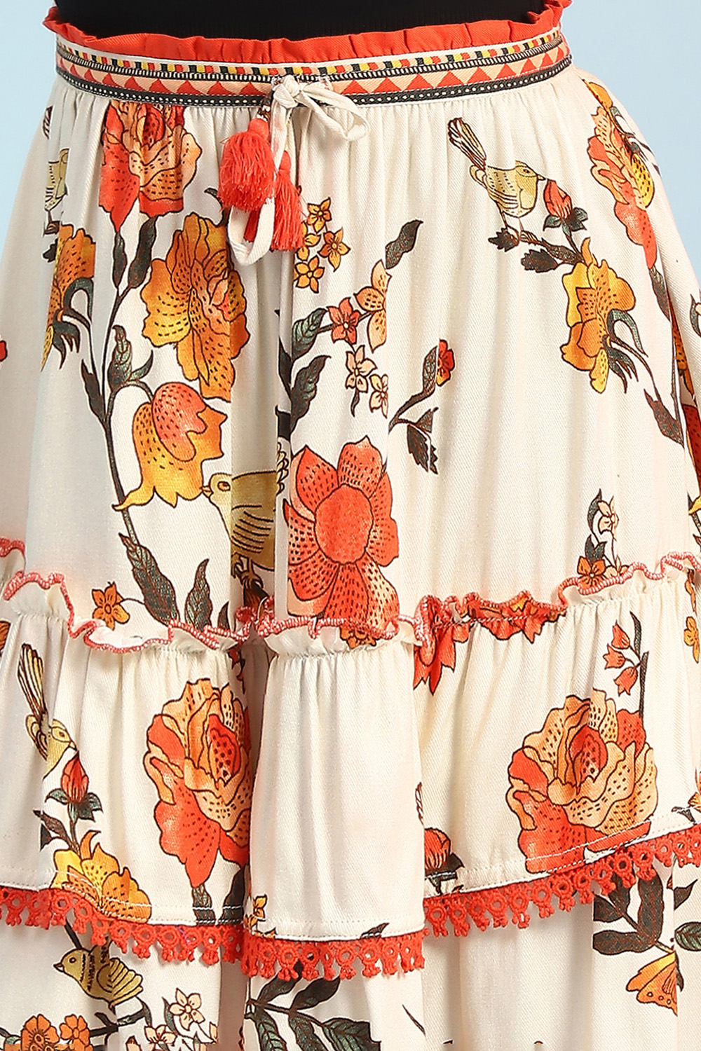 Cream-Colored Floral Tiered Skirt image number 1