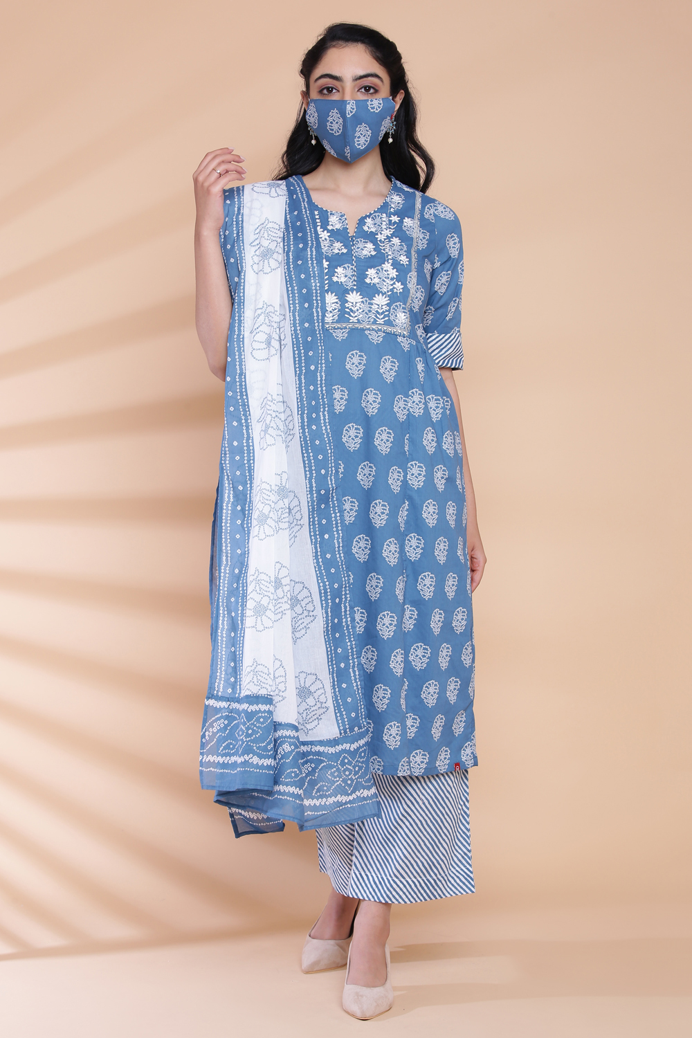 Blue Cotton Kalidar Kurta Palazzo Suit Set image number 5